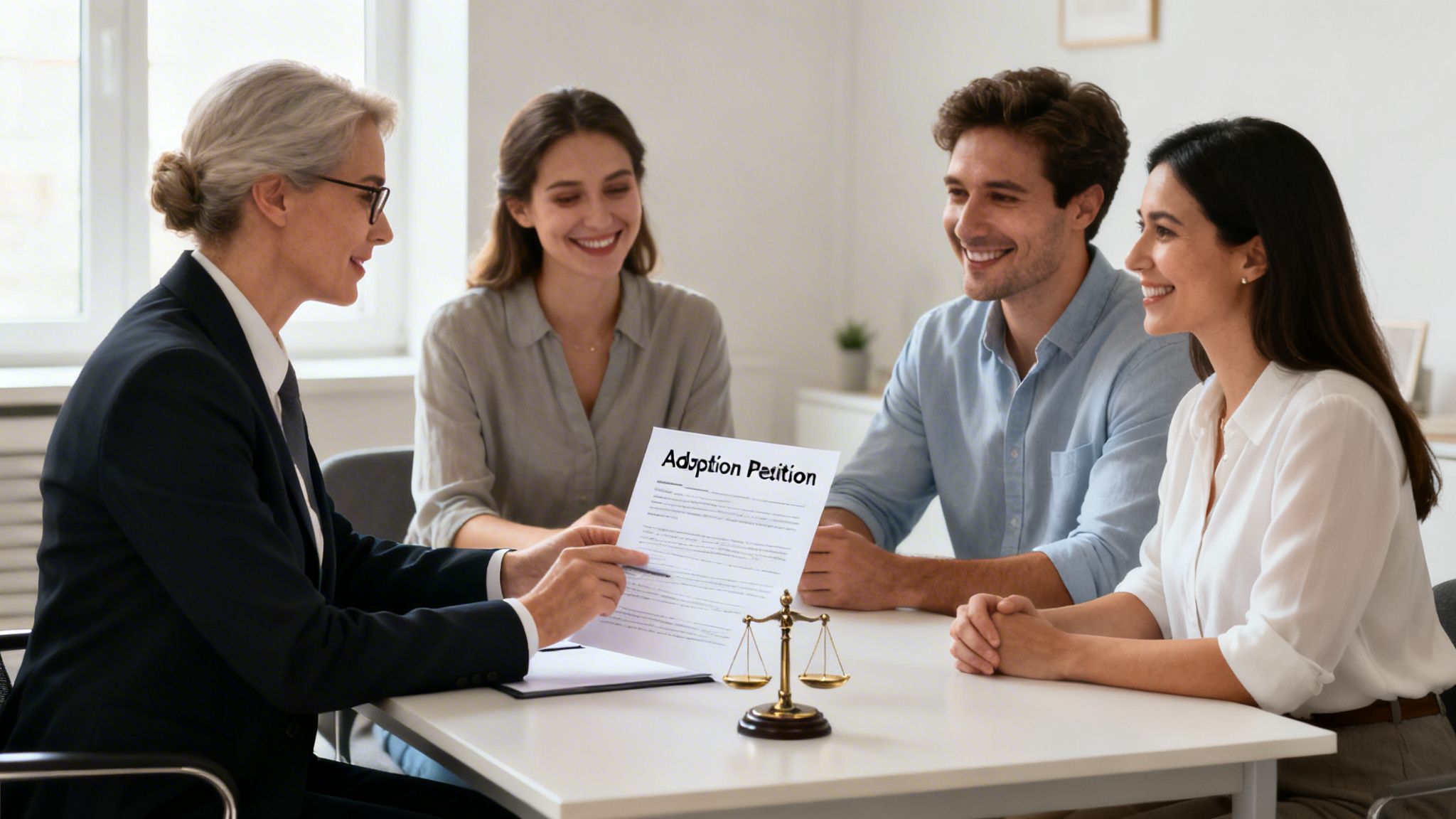 An attorney discusses an adoption petition with a smiling young couple, with a scale of justice on the table.