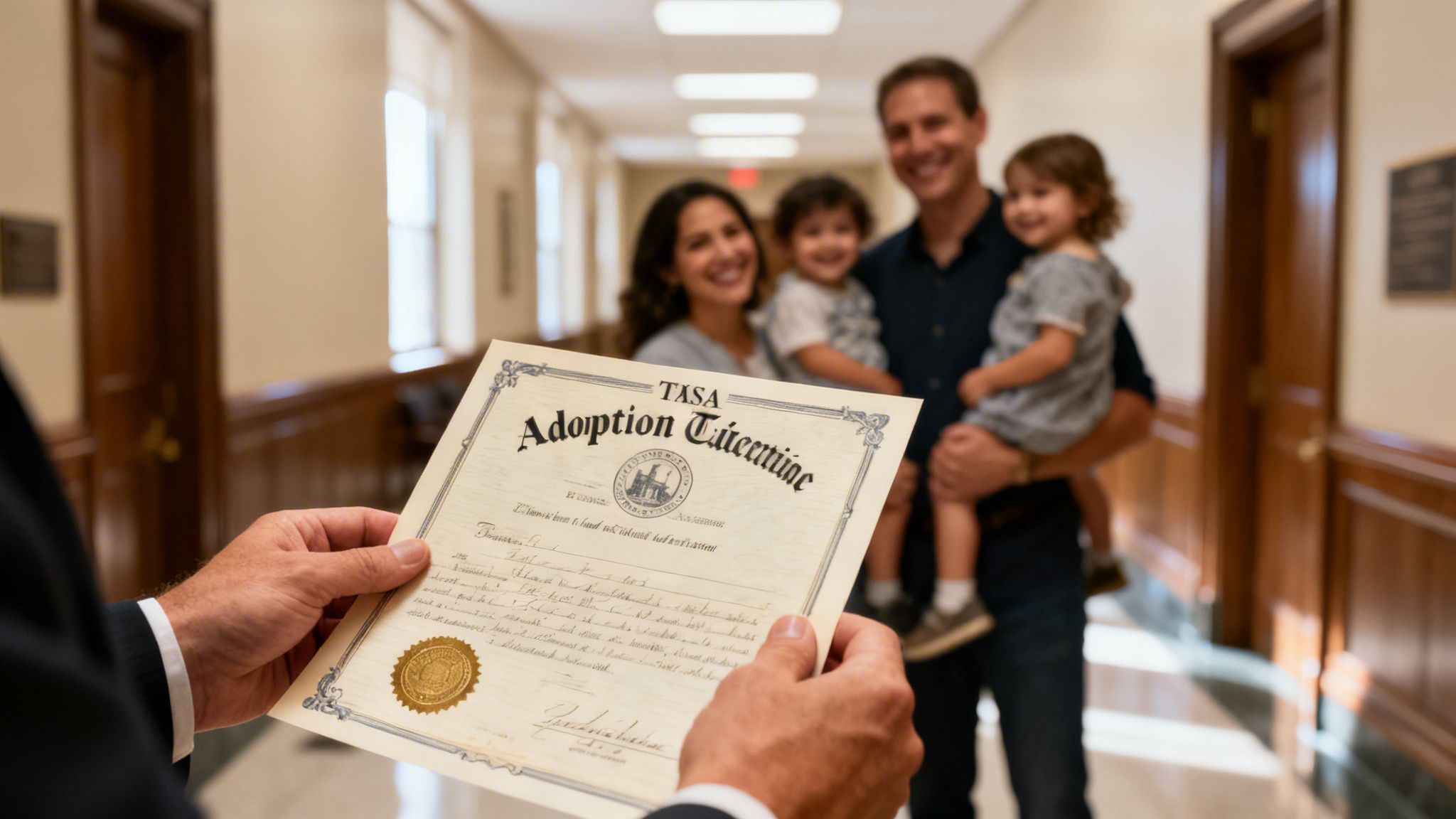 Hands holding an adoption certificate, celebrating with a happy family and two young children in a hallway.