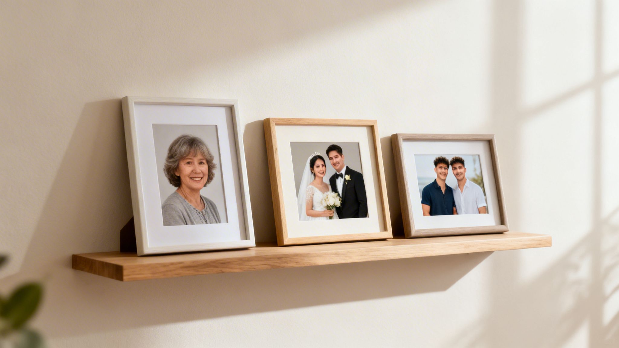 Three framed photos on a wooden shelf, featuring an older woman, a wedding couple, and two young men.