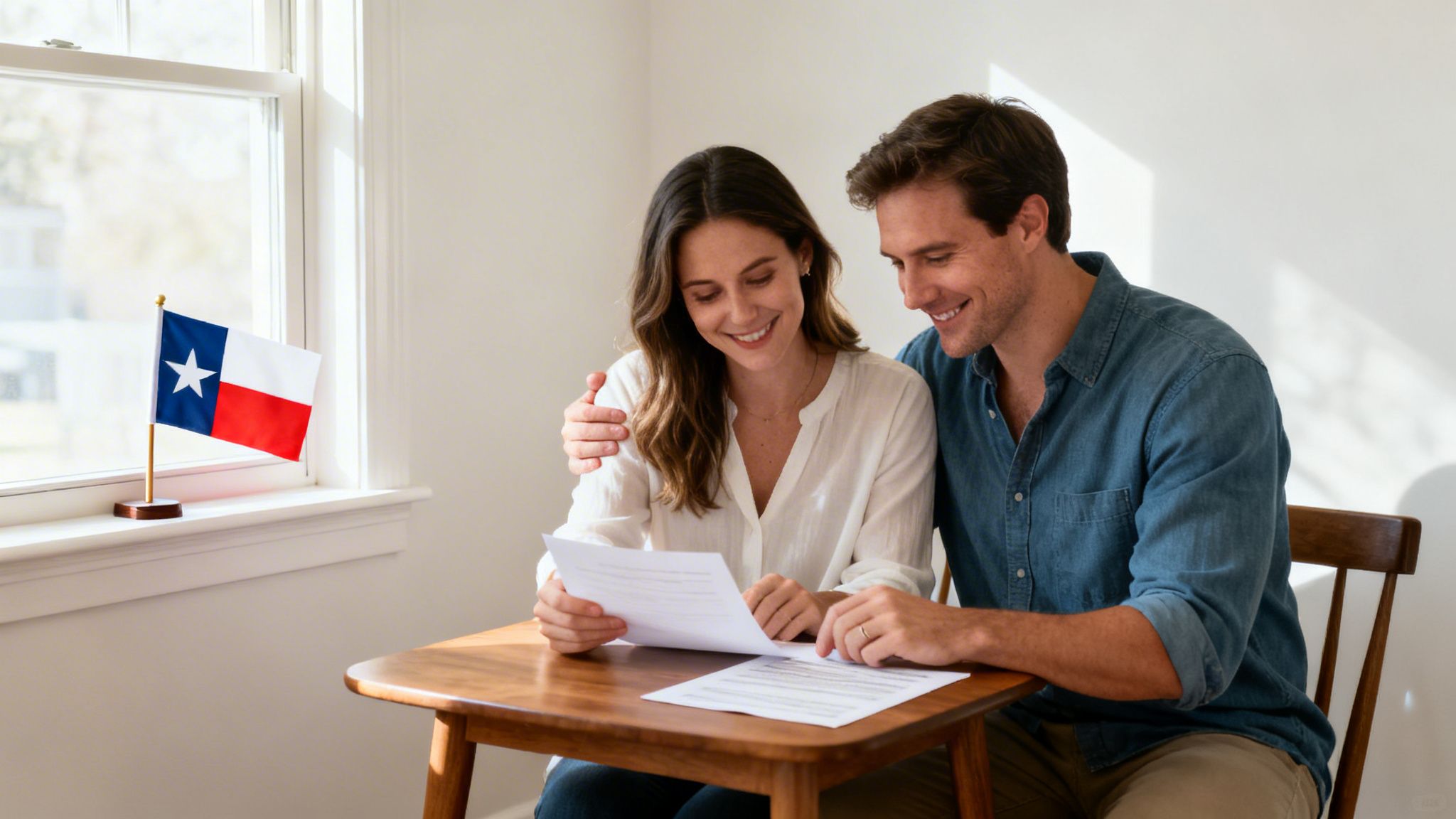 A happy couple reviews important documents at a table with a Texas flag on the windowsill.