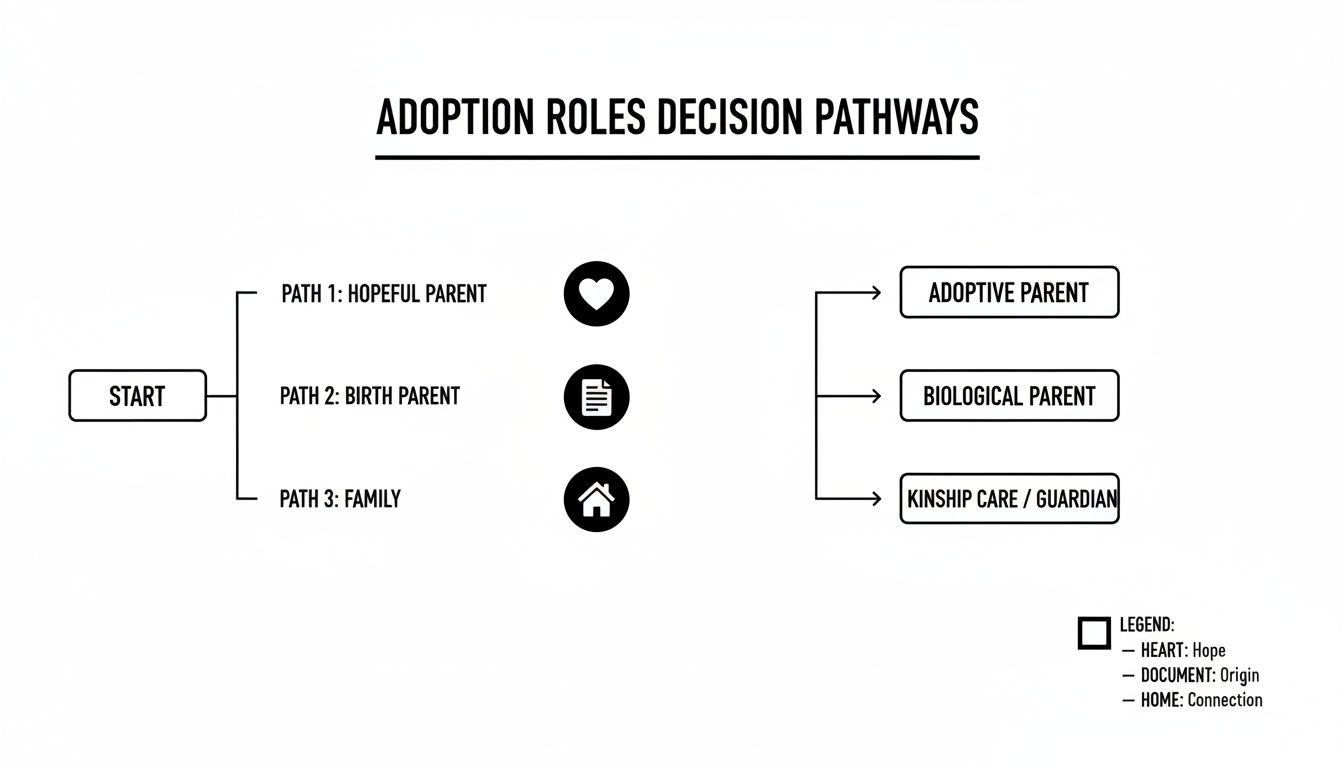A flowchart detailing adoption roles decision pathways for hopeful parents, birth parents, and families.