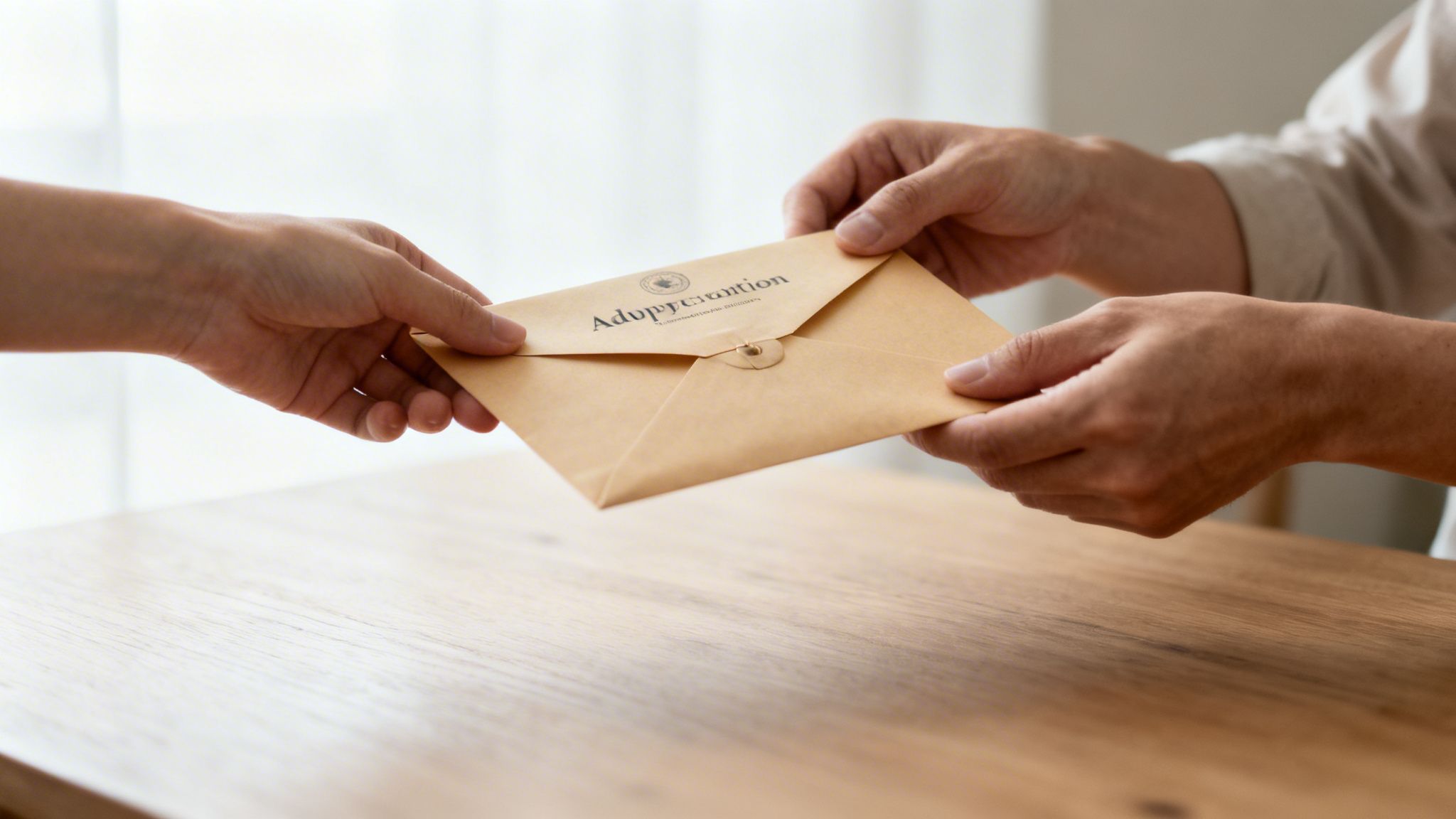 Two people's hands exchanging a brown envelope labeled 'Adoption' over a wooden table.