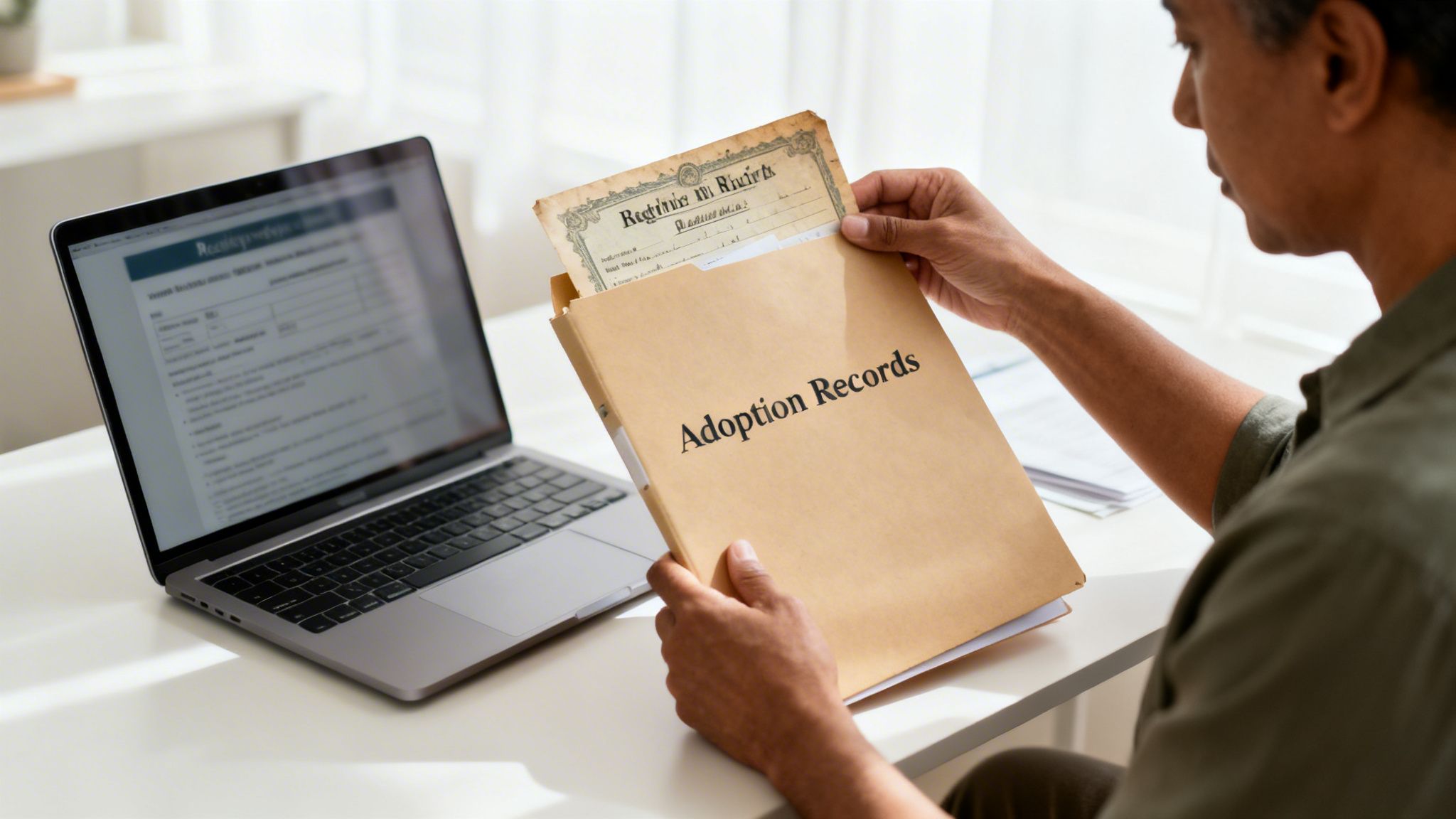 A person holding an 'Adoption Records' folder, extracting an old document while looking at a laptop.