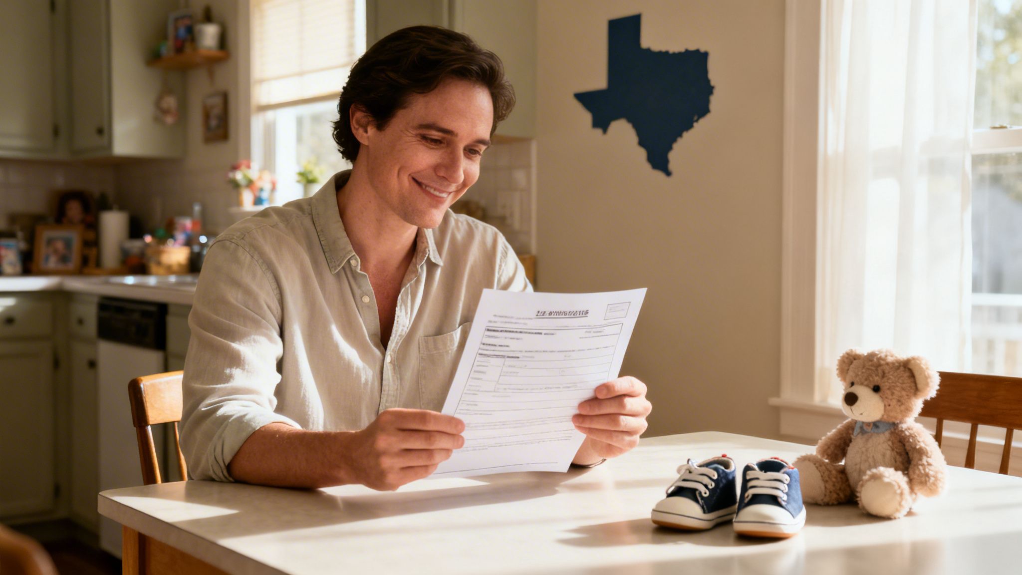 A smiling man reads a document, possibly adoption papers, with baby shoes and a teddy bear nearby.