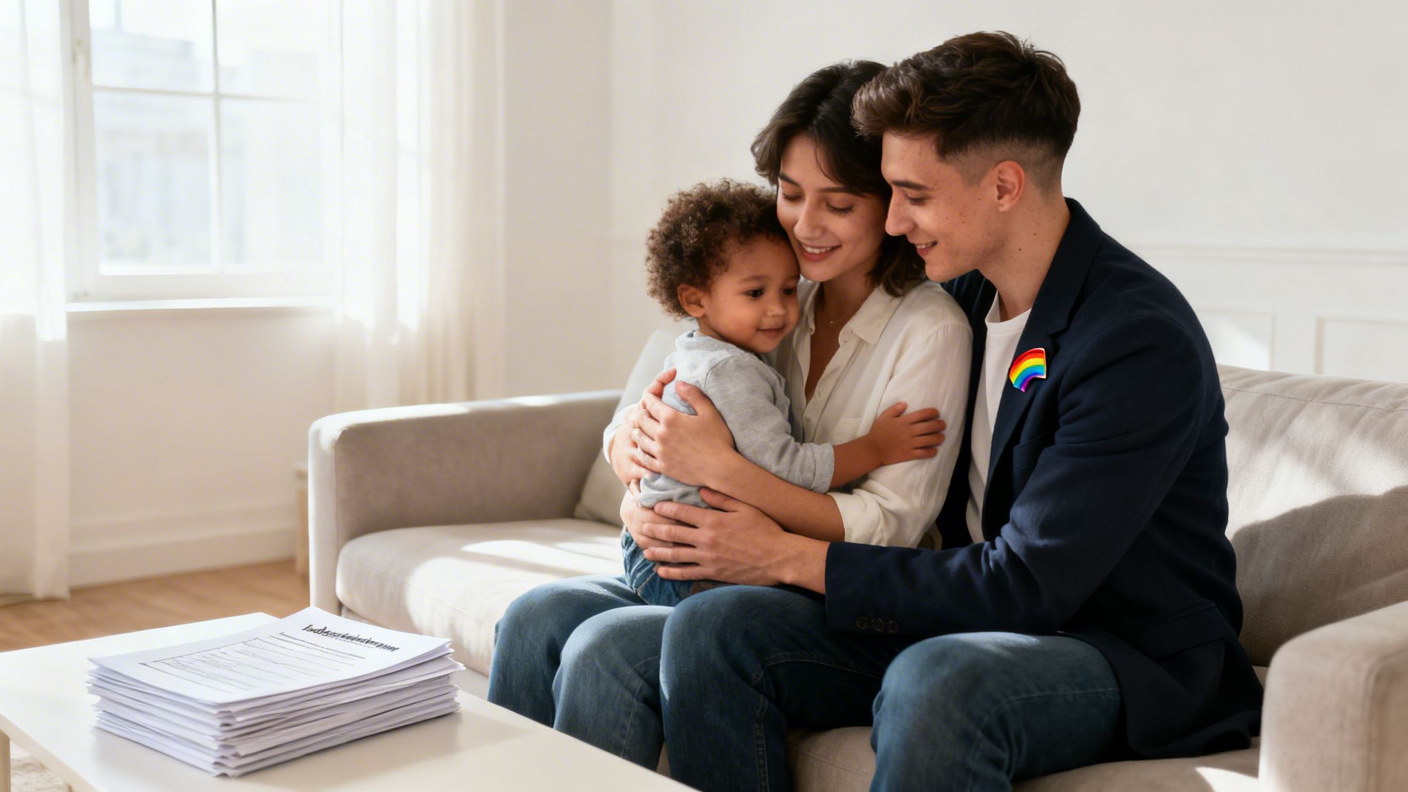 A happy multi-ethnic family, two adults and a child, hugging on a sofa with adoption papers nearby.