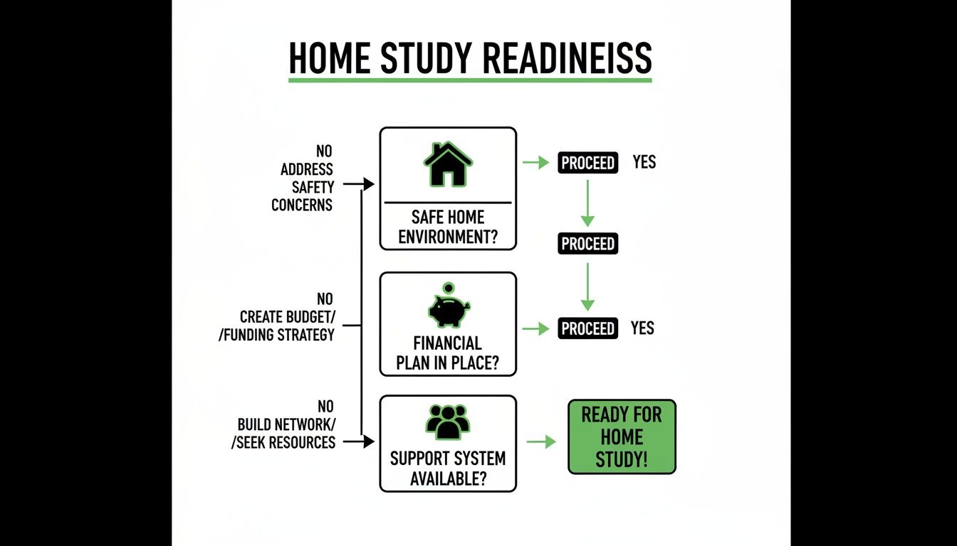 Flowchart outlining home study readiness steps: safe environment, financial plan, and support system.