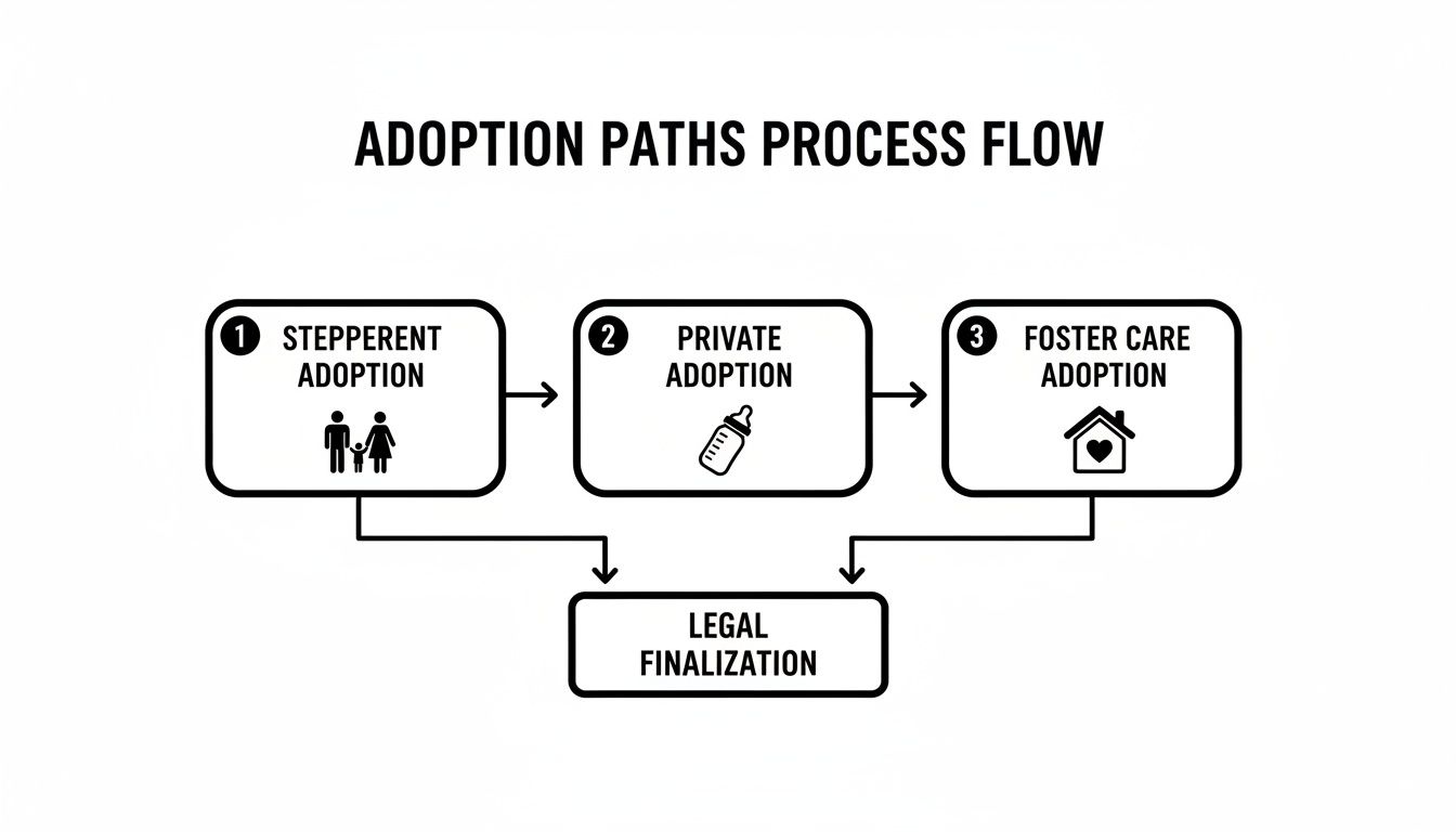 A process flow chart illustrating three paths to adoption: stepparent, private, and foster care, all leading to legal finalization.