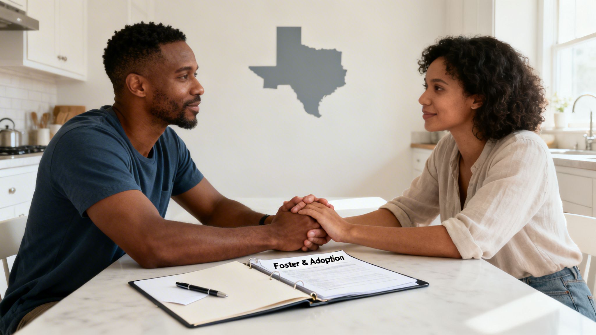 A loving couple discussing foster and adoption, holding hands at a kitchen table.