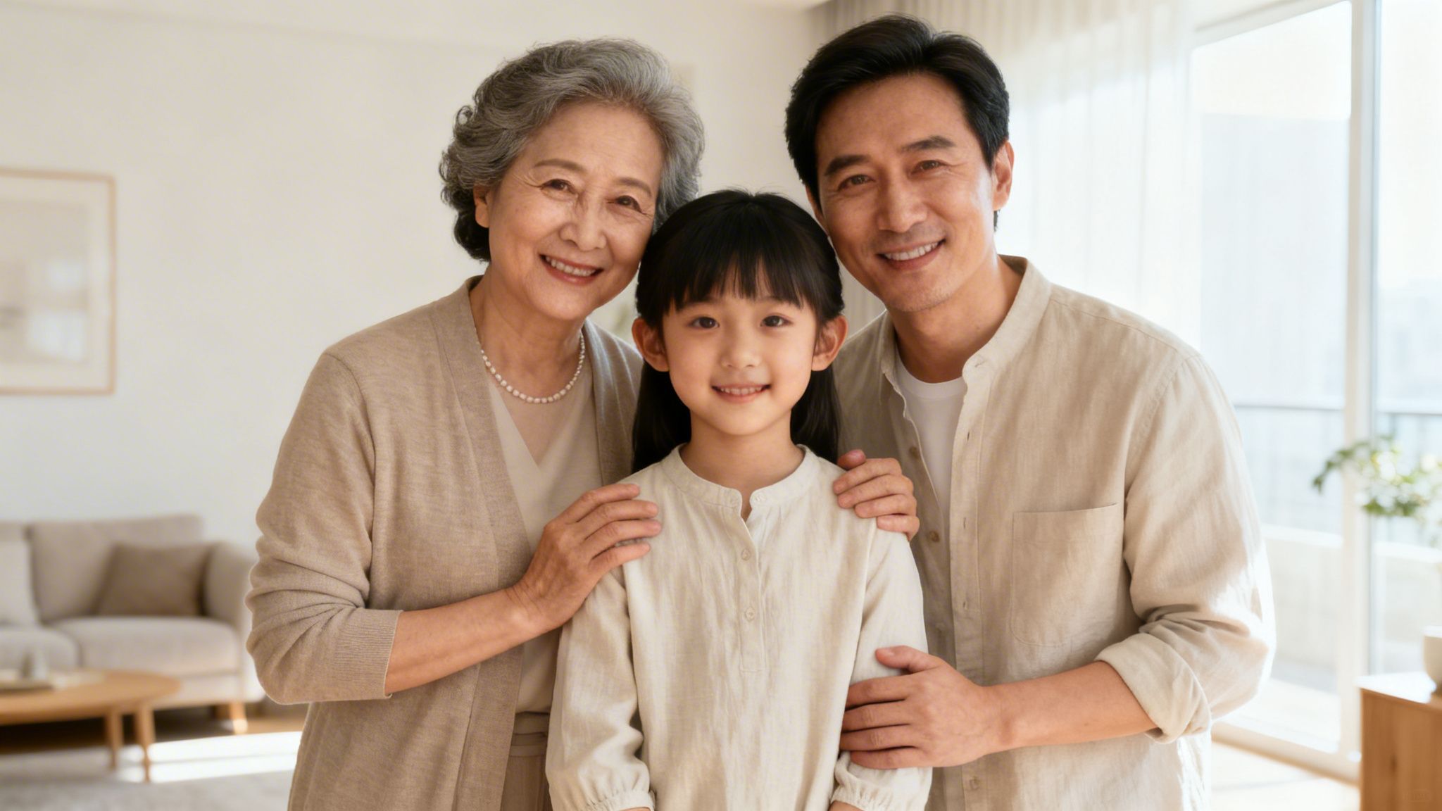A happy multi-generational Asian family, including a grandmother, father, and daughter, smiling and embracing.