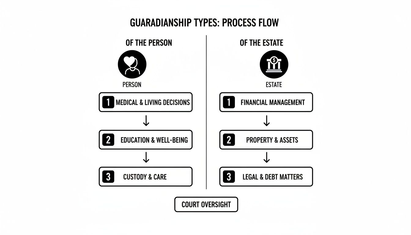 Flowchart illustrating guardianship types: 'of the person' covers medical, education, and custody, while 'of the estate' includes financial, property, and legal matters, all under court oversight.