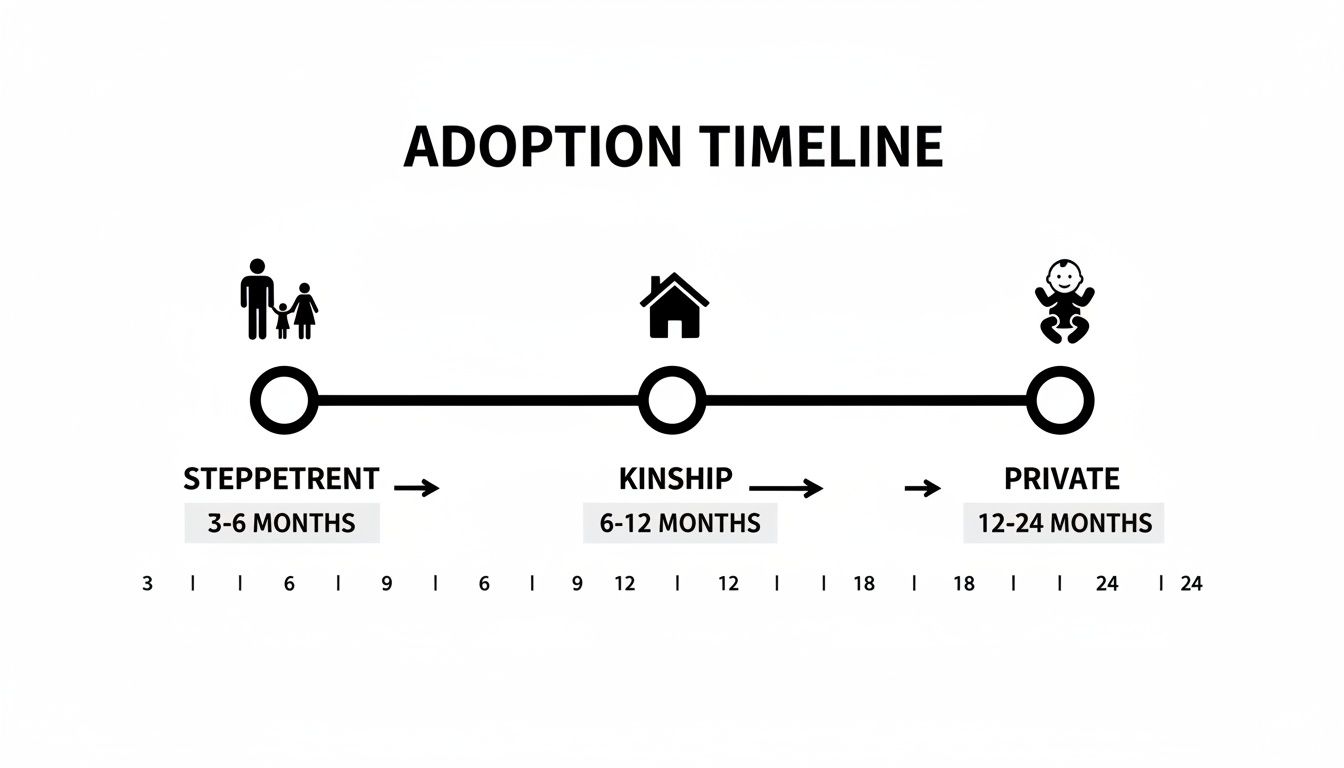 An adoption timeline infographic showing Steppetrent (3-6 months), Kinship (6-12 months), and Private (12-24 months) adoption processes.