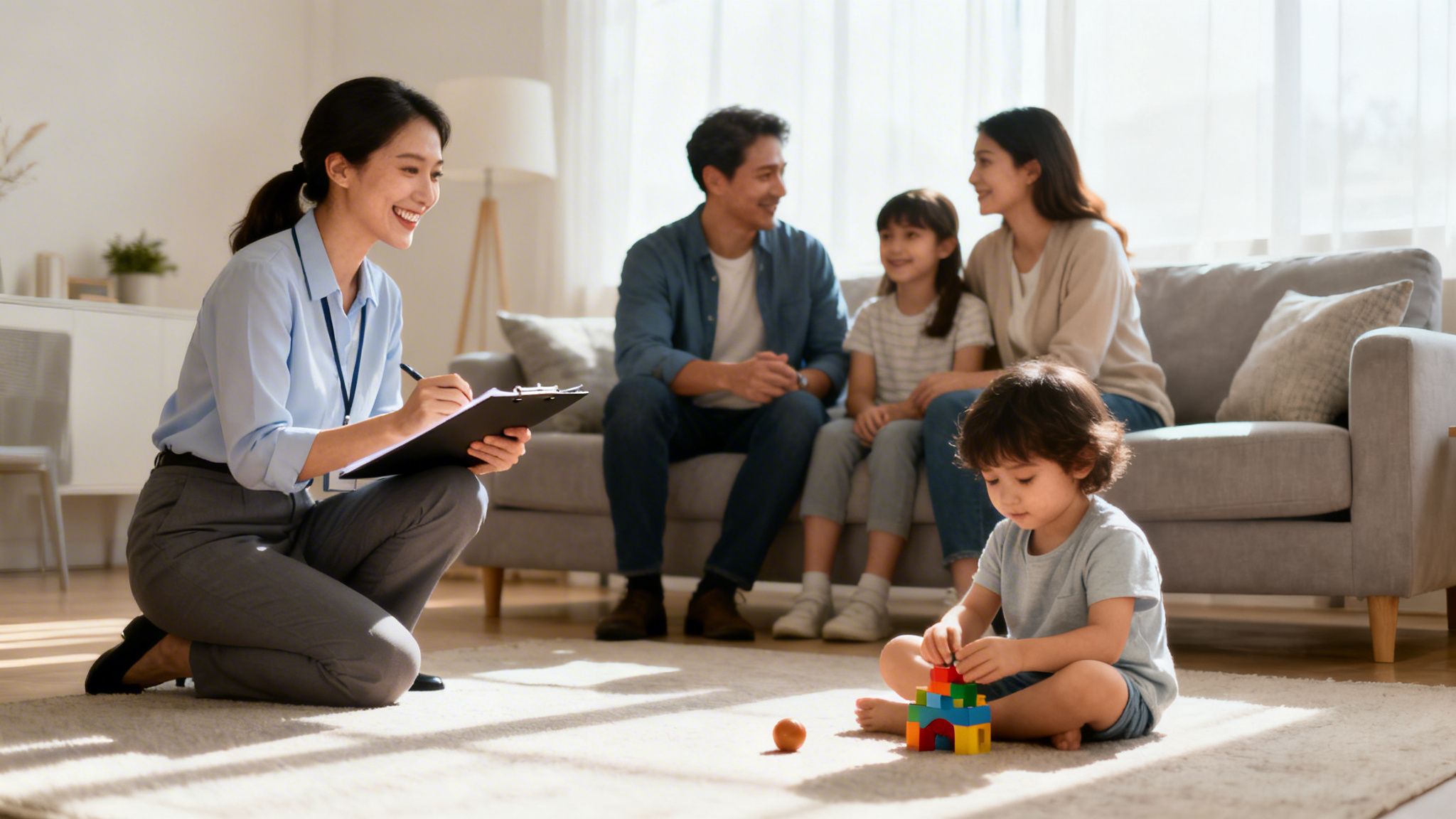 A female therapist observes a family, including a child playing with colorful blocks, during a home visit.
