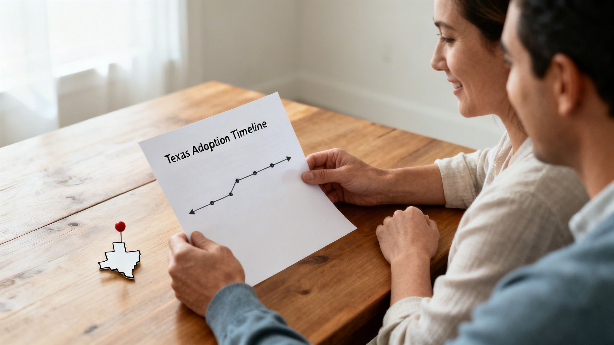 A happy couple reviews a 'Texas Adoption Timeline' document and a Texas cutout.