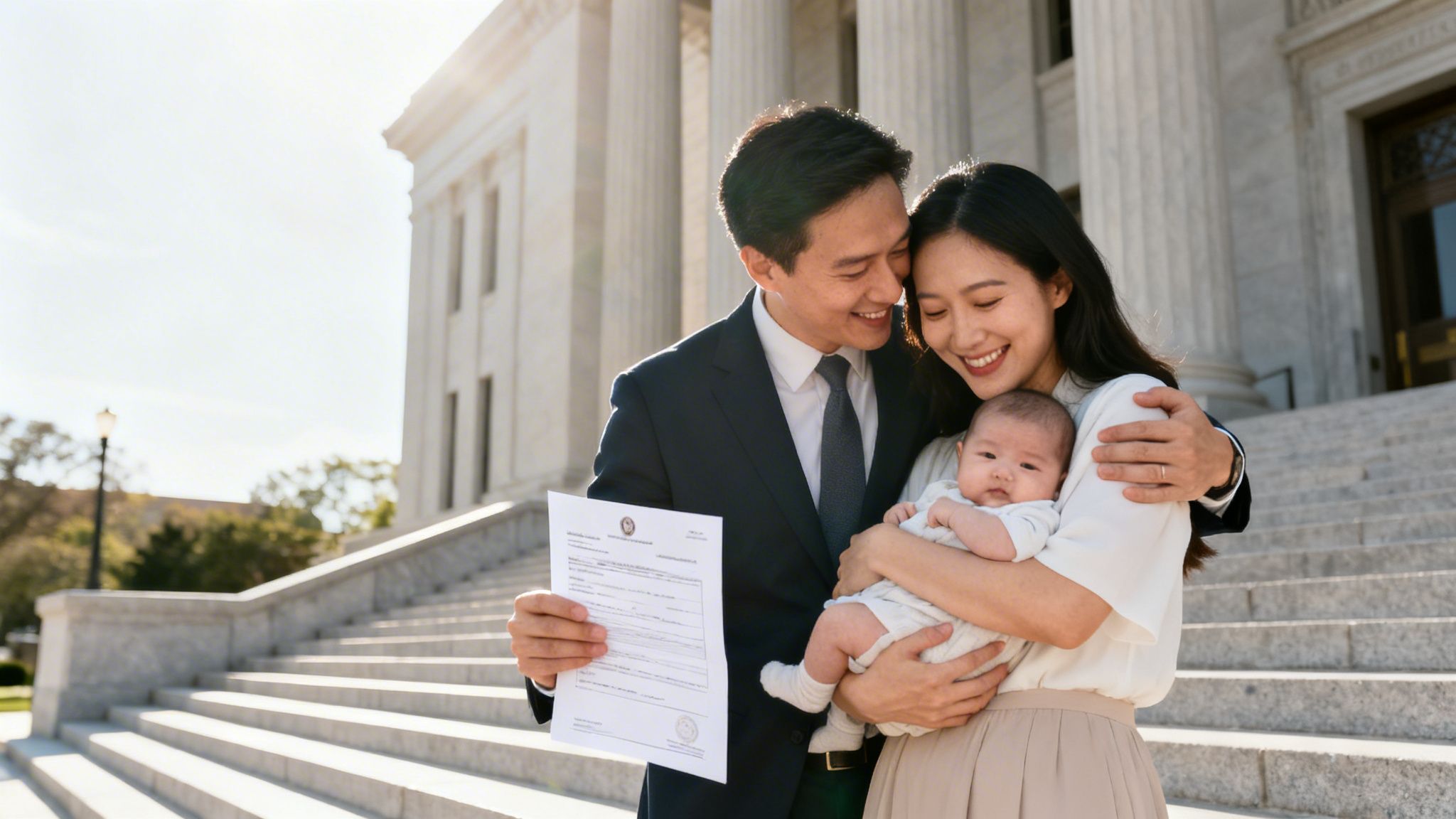 A happy Asian family holding a baby and a legal document outside a courthouse, celebrating an adoption.