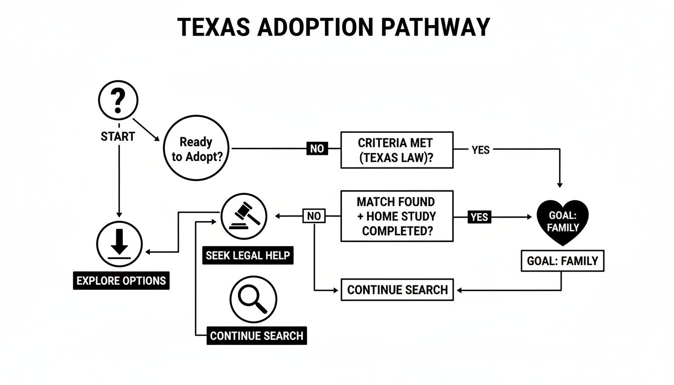 Flowchart detailing the Texas adoption pathway, including criteria, legal help, home study, and the goal of a family.
