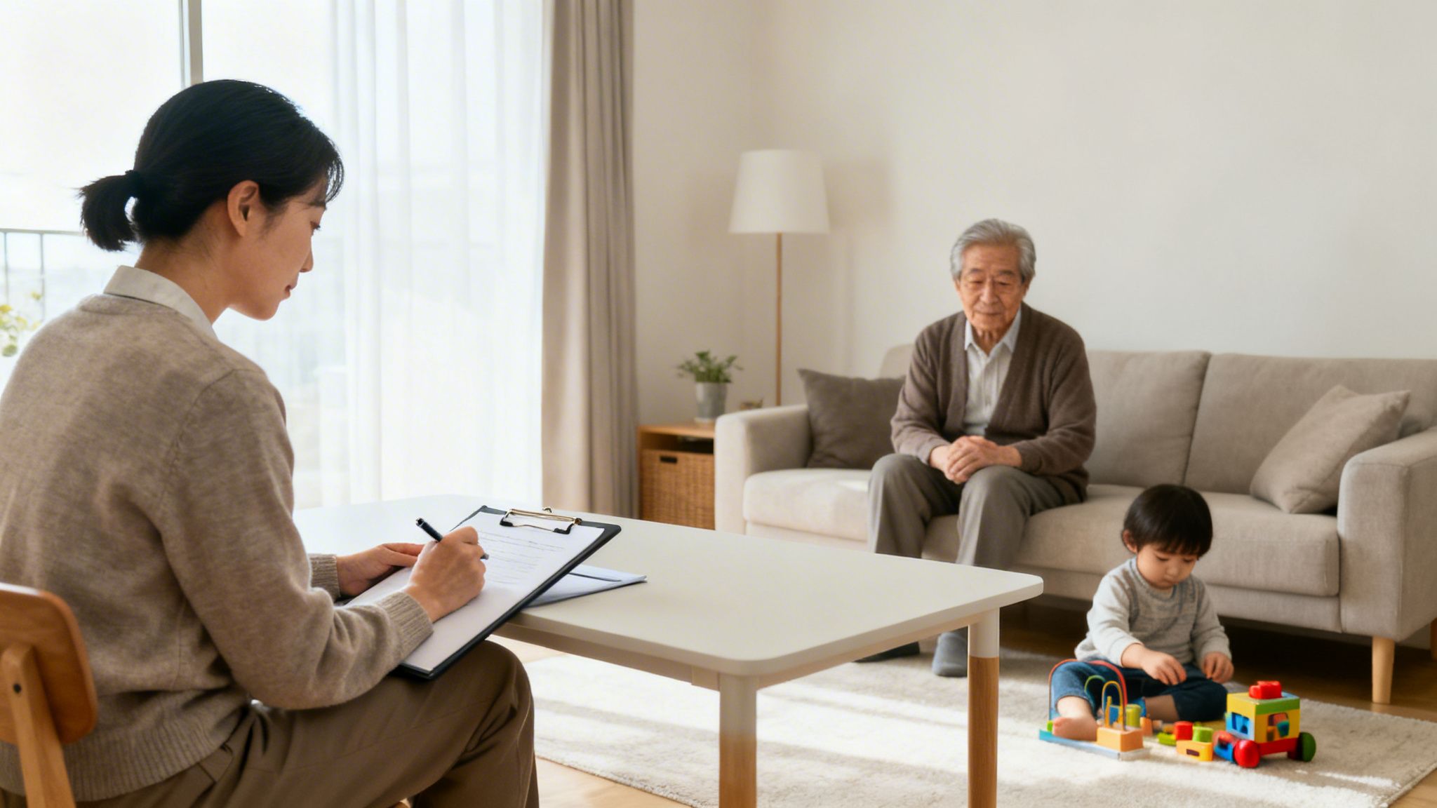 A woman takes notes during a family consultation with an elderly man and playing child.