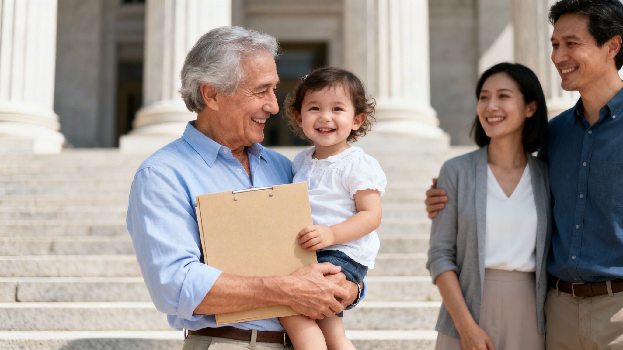 A happy grandfather holds his smiling granddaughter and a clipboard with her parents outside a courthouse.