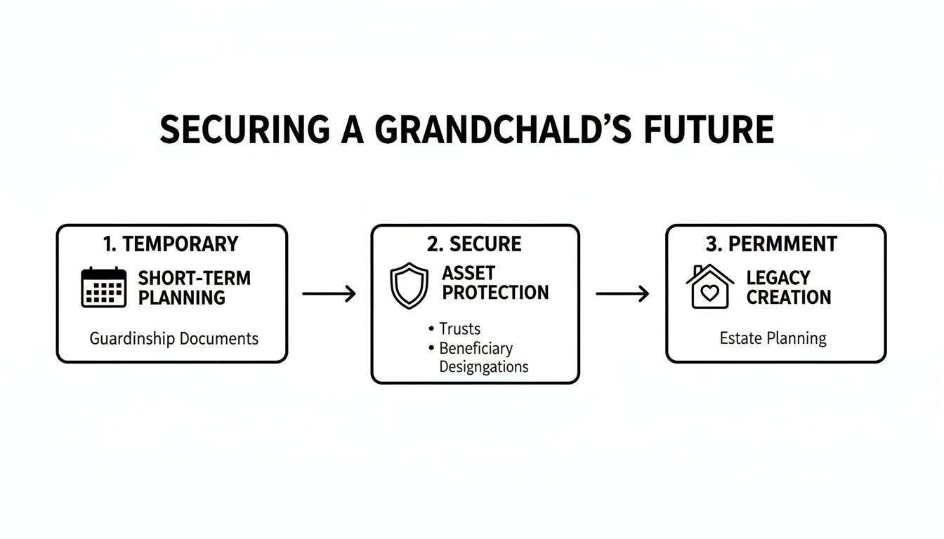 A flowchart details securing a grandchild's future through temporary, secure, and permanent planning phases.