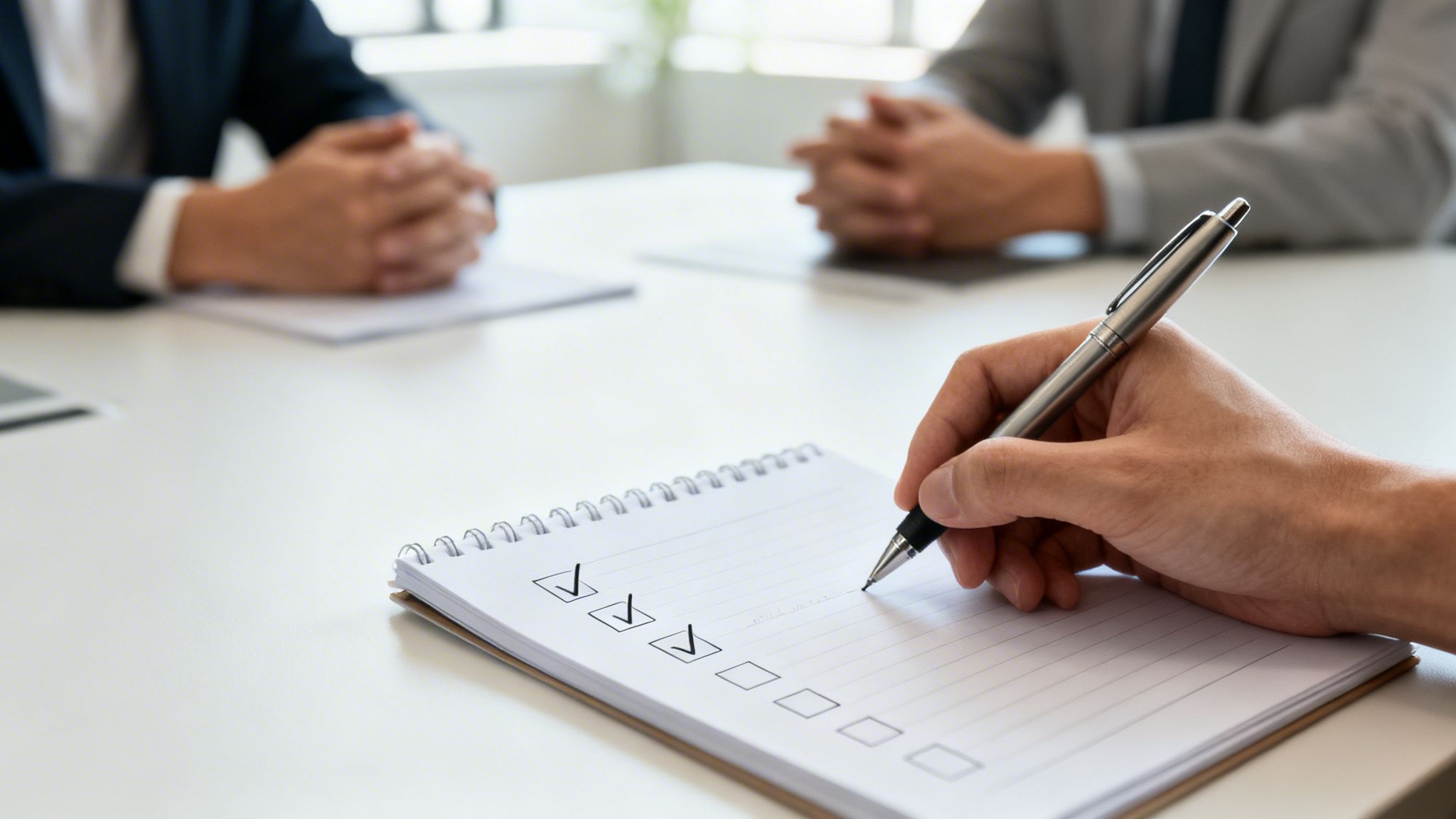 A person's hand writing with a pen, ticking off items on a checklist in a notebook during a meeting.
