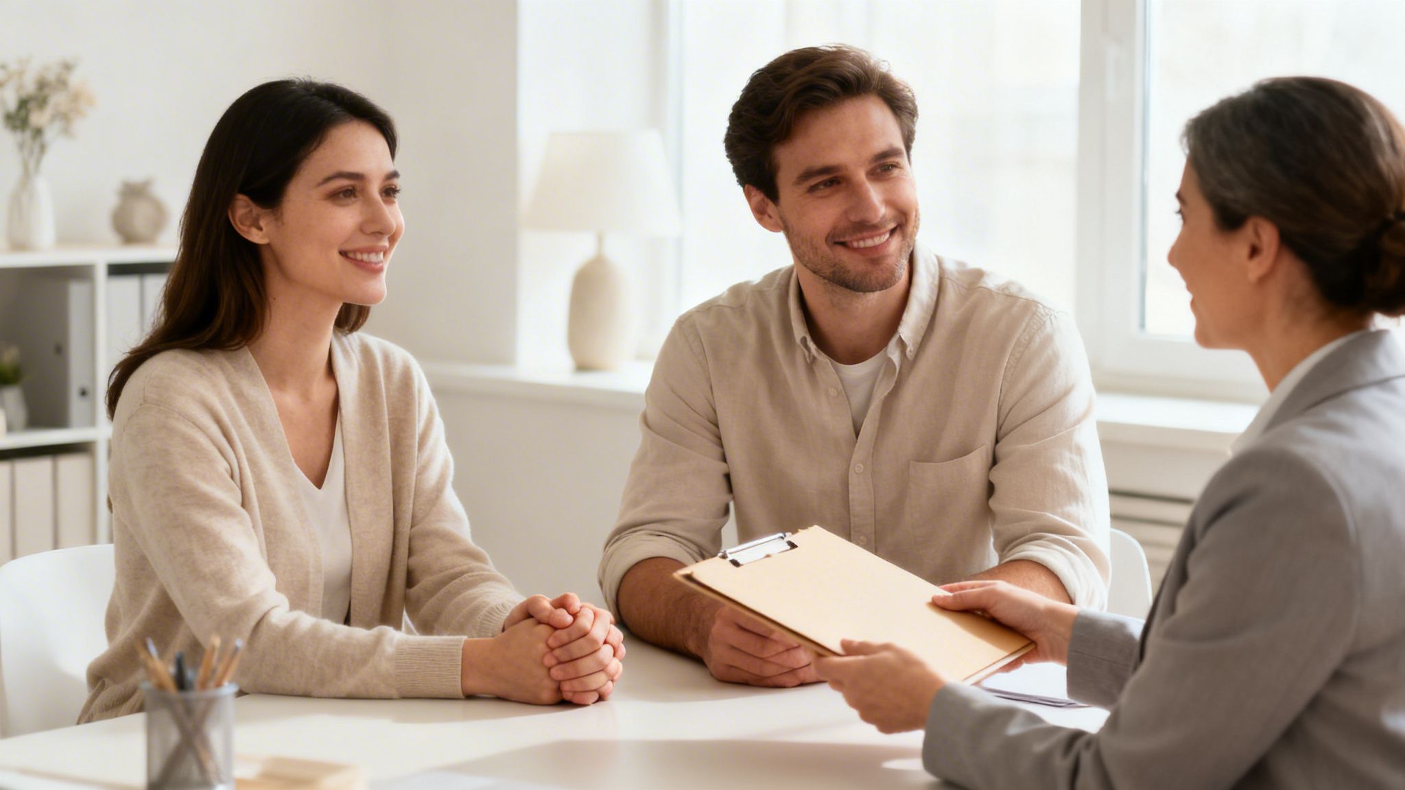 A smiling couple sits at a desk, receiving a document on a clipboard from an advisor.