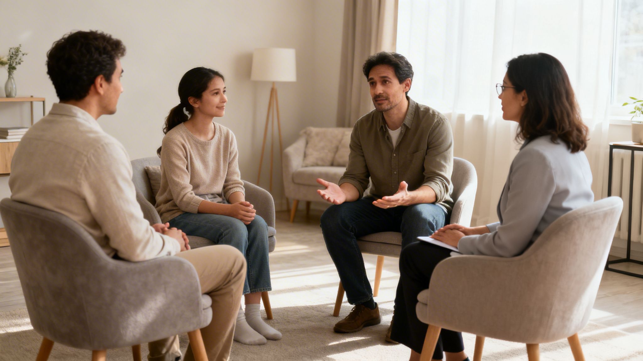 Four adults in a group therapy session, seated in chairs and engaging in a discussion.