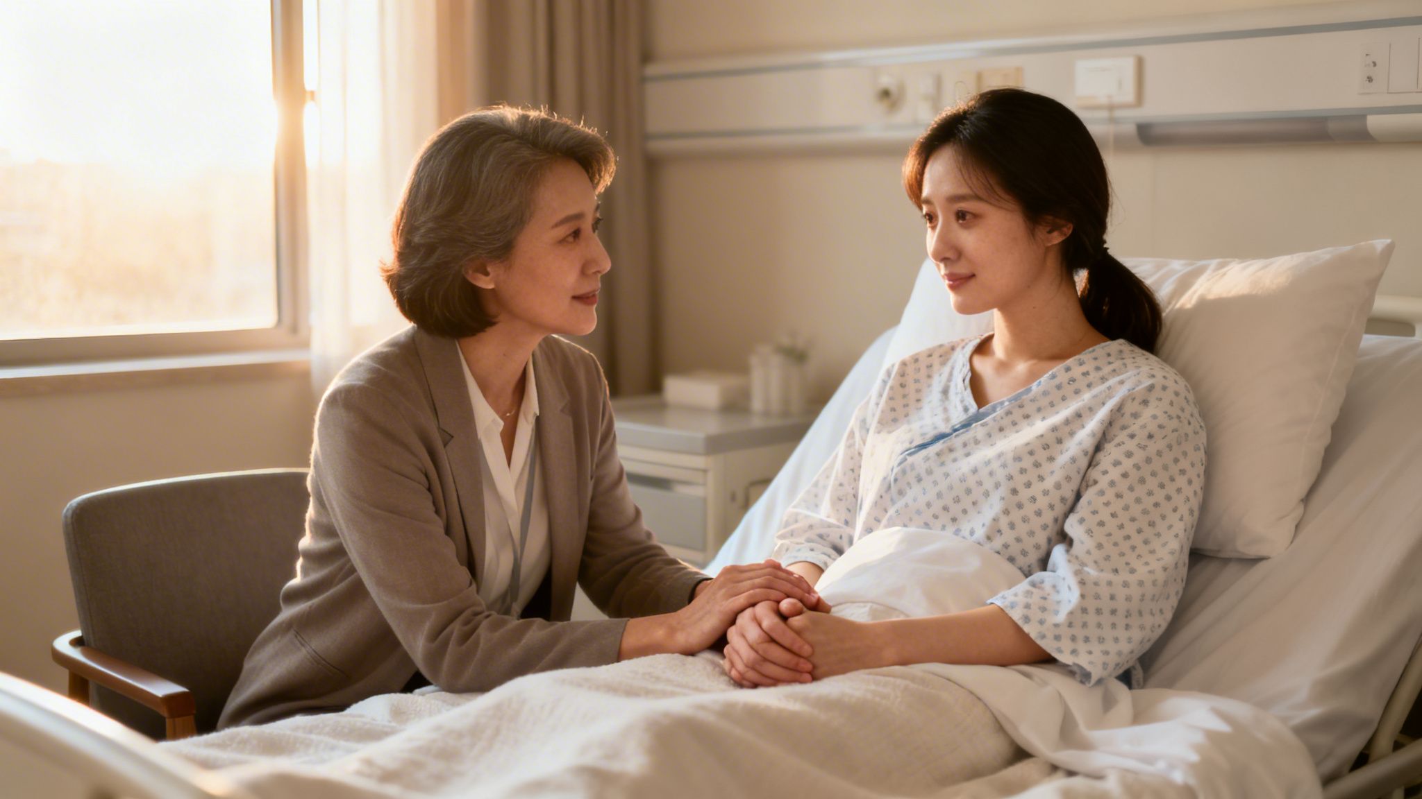 A caring woman comforts a young female patient in a sunlit hospital room, holding hands.