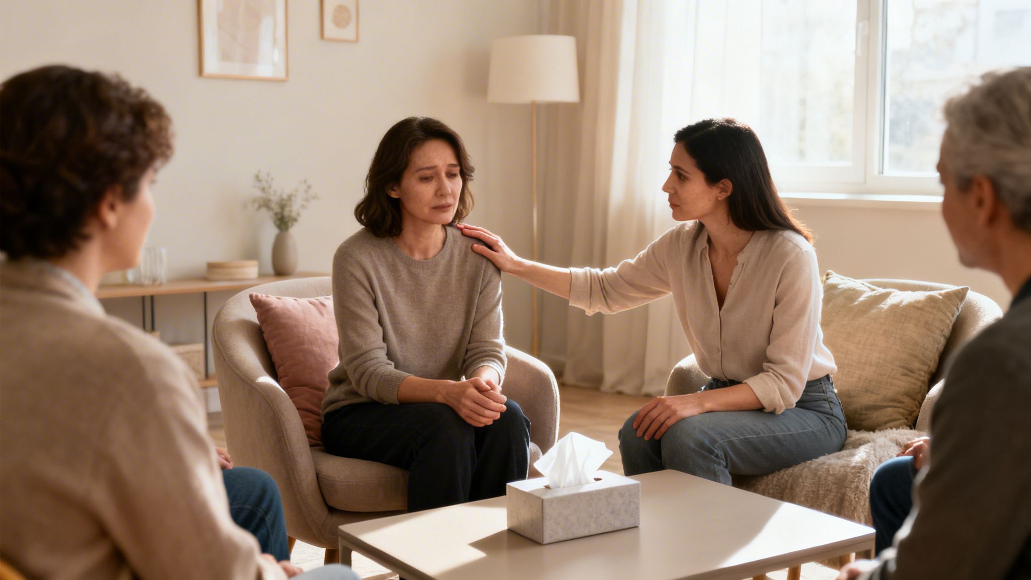 A woman comforts an emotional woman in a group therapy session with others.