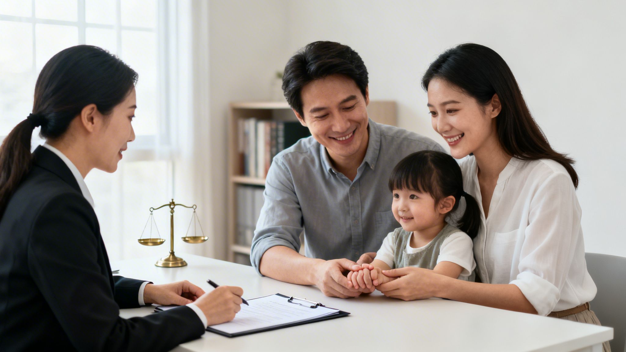 A happy Asian family meets with a female lawyer for an adoption consultation.