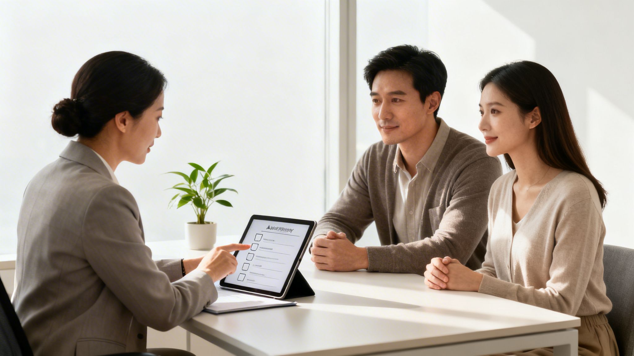 A consultant explains a checklist on a tablet to a young Asian couple during a business consultation.