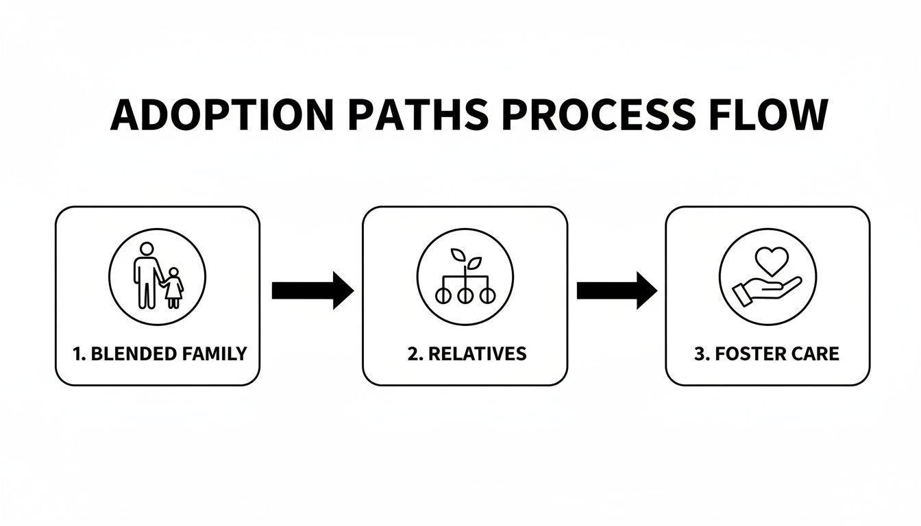 A flowchart displays three adoption paths: blended family, relatives, and foster care, each with a representative icon.