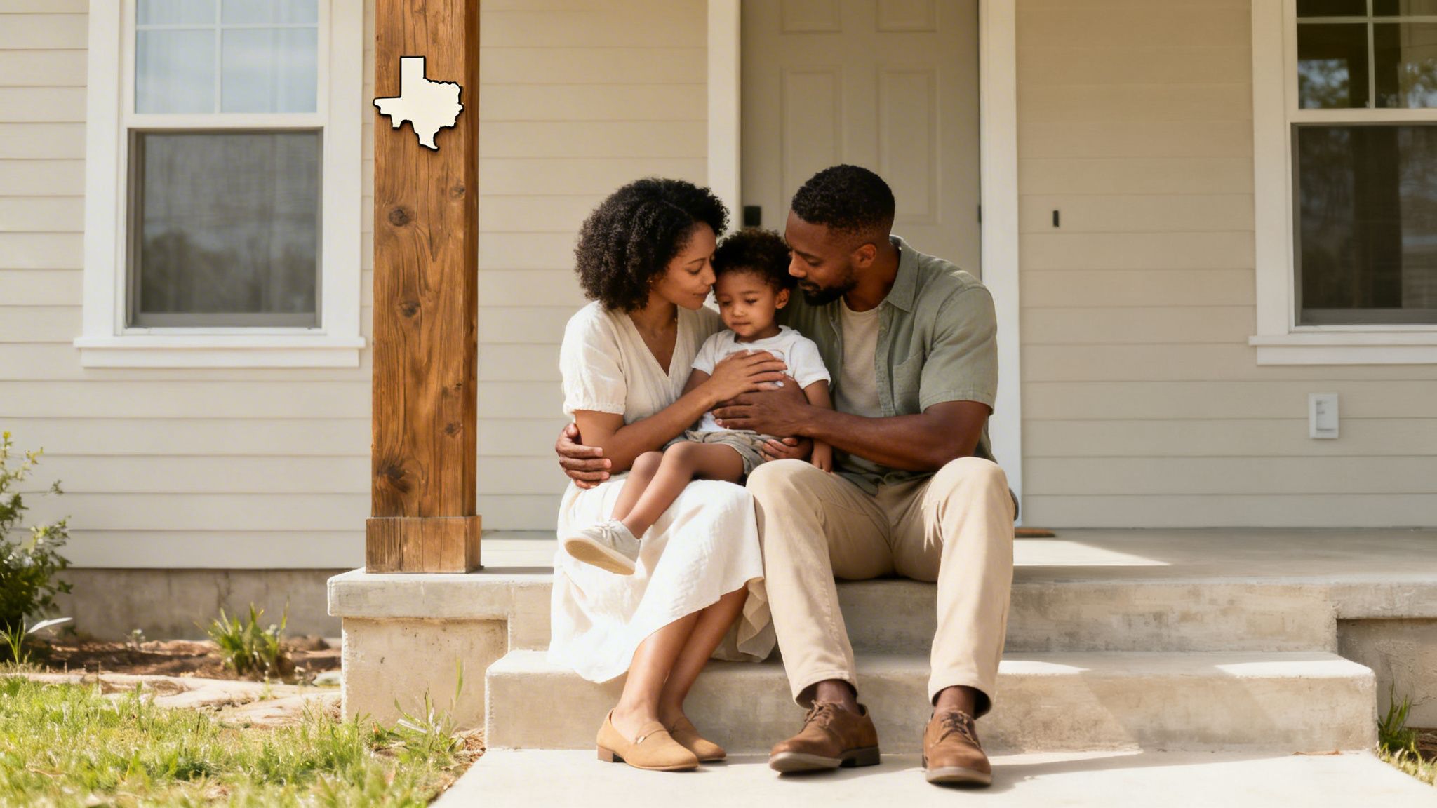 A loving diverse family sits on their home's front steps with a Texas map decoration.