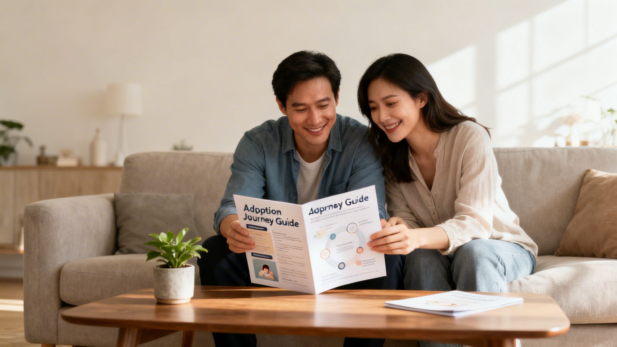 A happy couple sits on a sofa, smiling while reading an "Adoption Journey Guide" booklet.