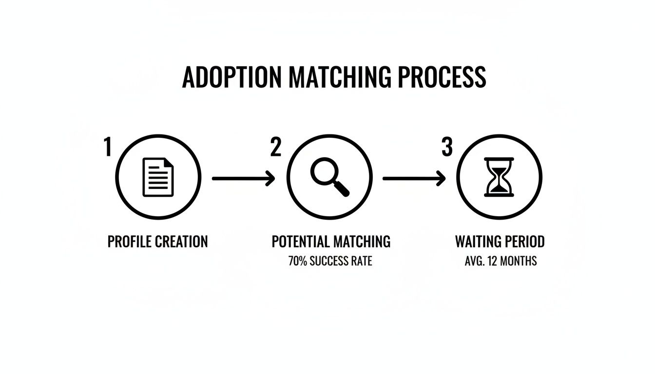 A visual guide illustrating the three-step adoption matching process with icons and descriptions.
