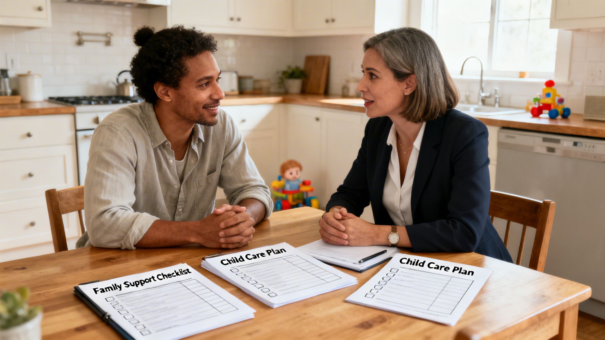 A man and woman discuss child care and family support plans at a kitchen table.