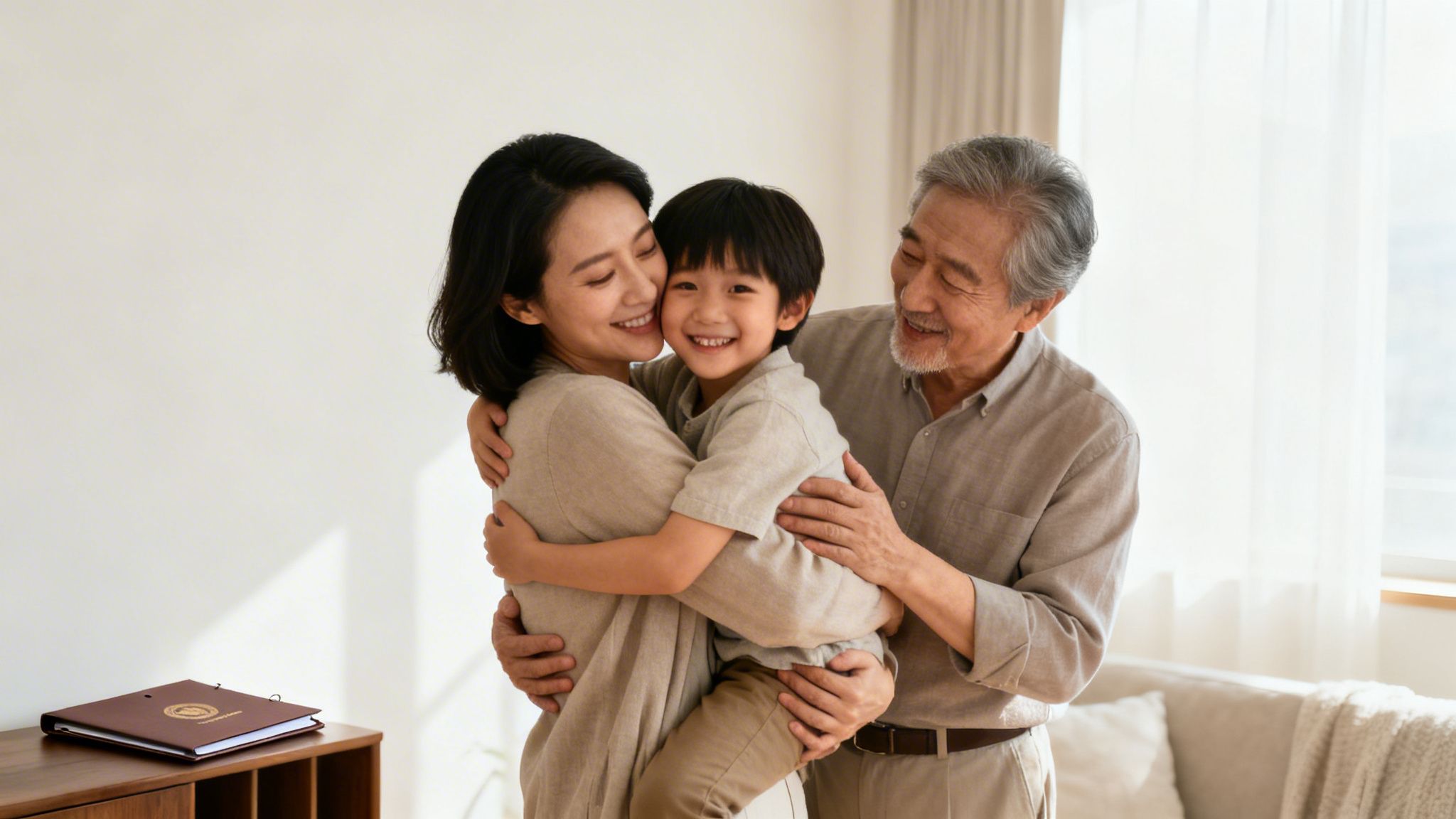 A happy multi-generational Asian family smiling and embracing warmly in a bright room.