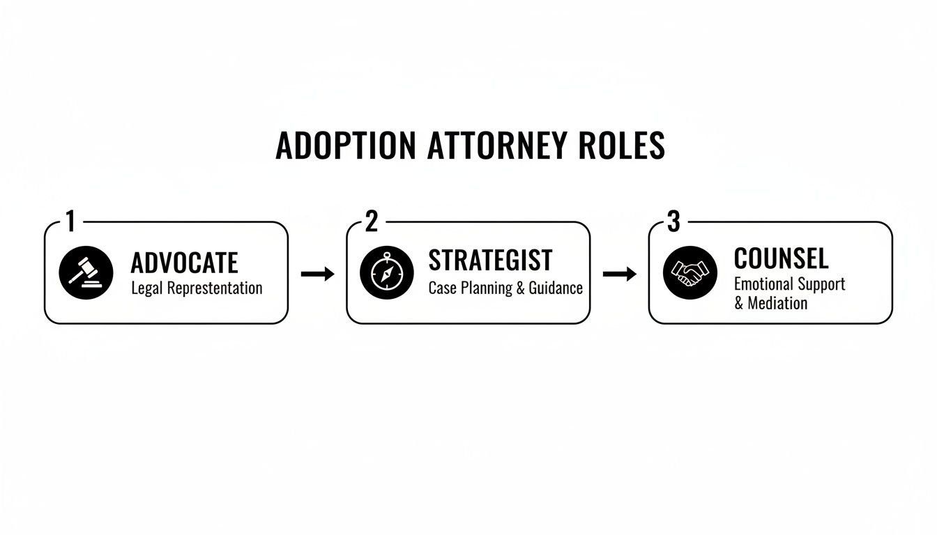 Flowchart illustrating the three key roles of an adoption attorney: advocate, strategist, and counsel.