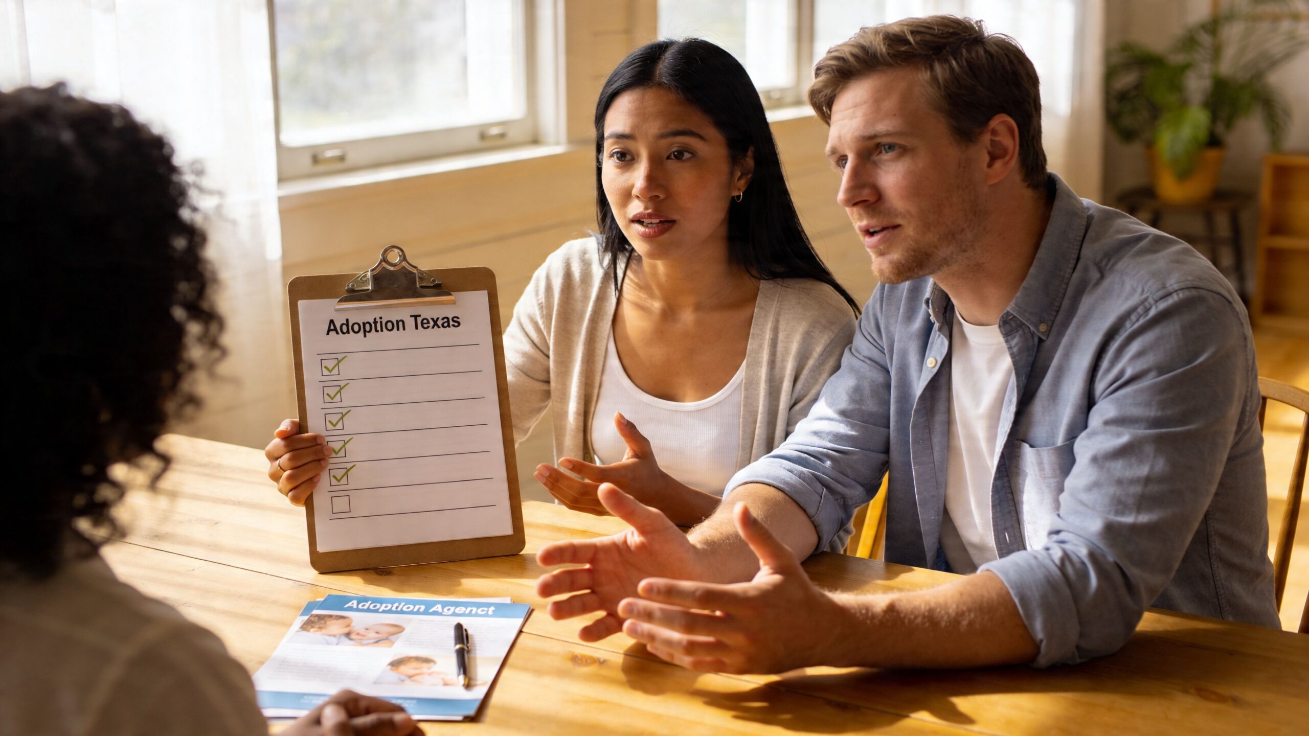 A diverse couple meets with an adoption agency counselor to discuss their adoption process in Texas.