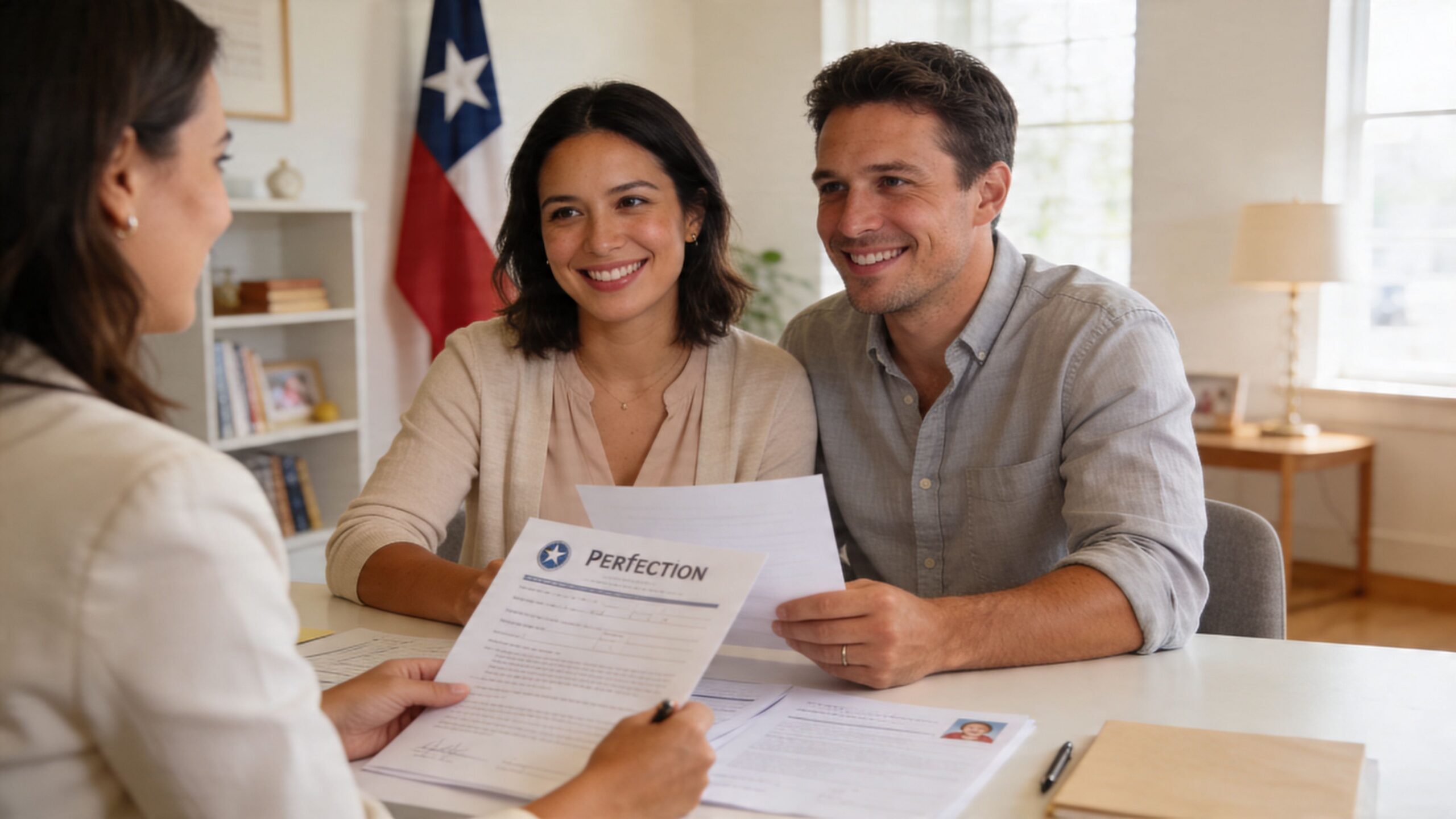 A couple meets with an adoption agency professional in an office decorated with a Texas state flag.