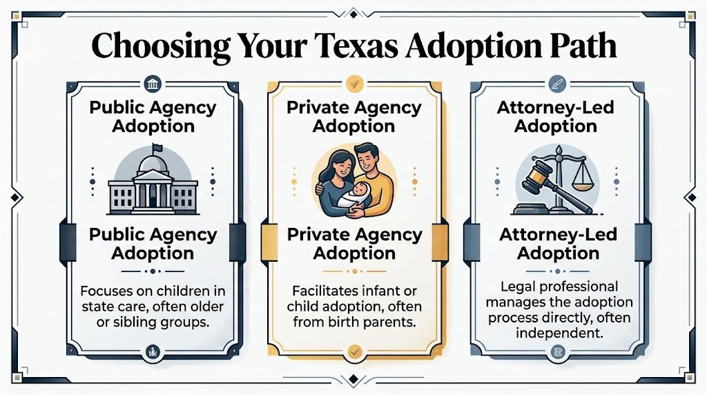 An infographic titled Choosing Your Texas Adoption Path outlining public, private, and attorney-led adoption process options.