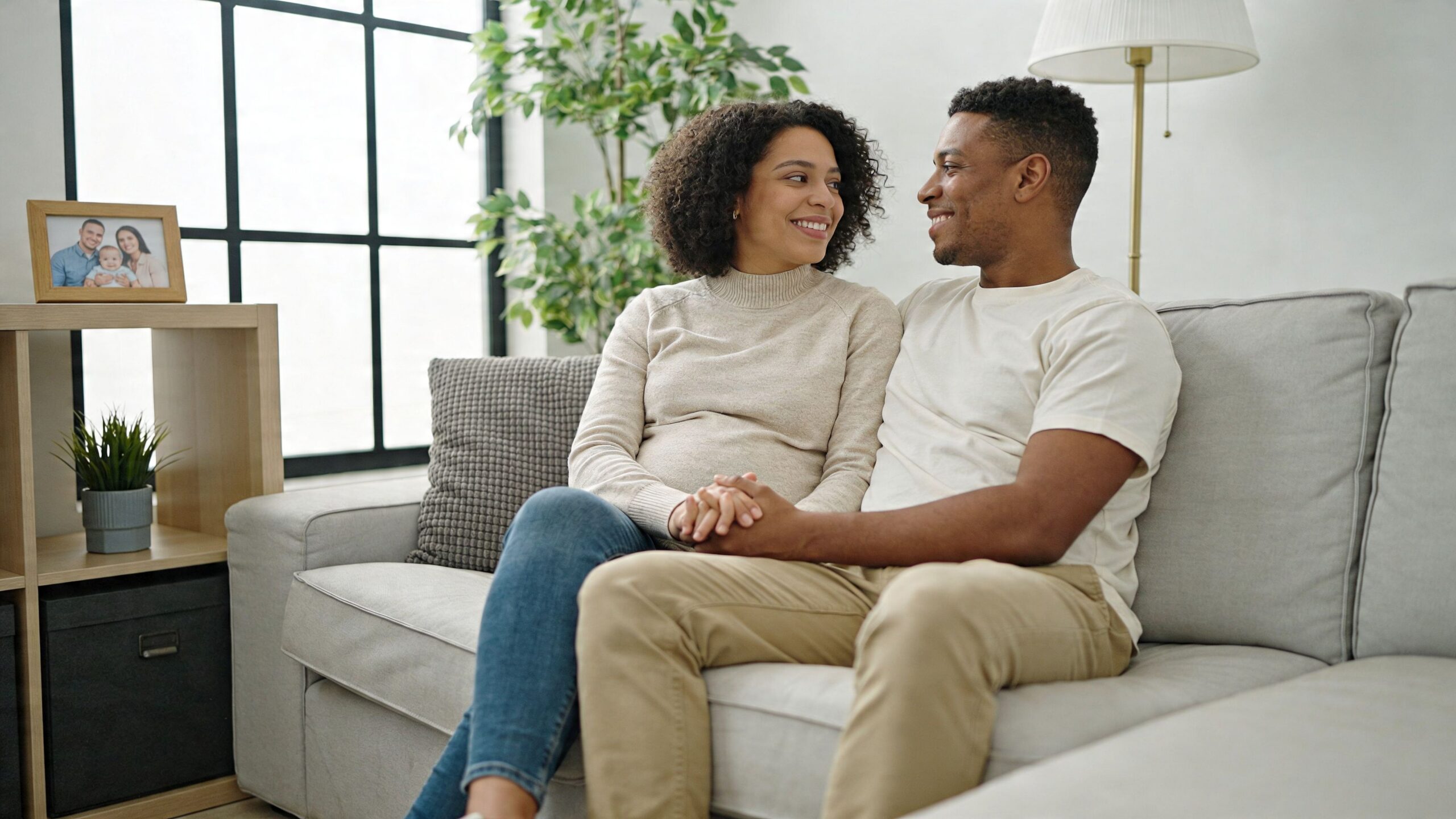 A happy expectant couple sitting on a couch in their living room, smiling at each other warmly.