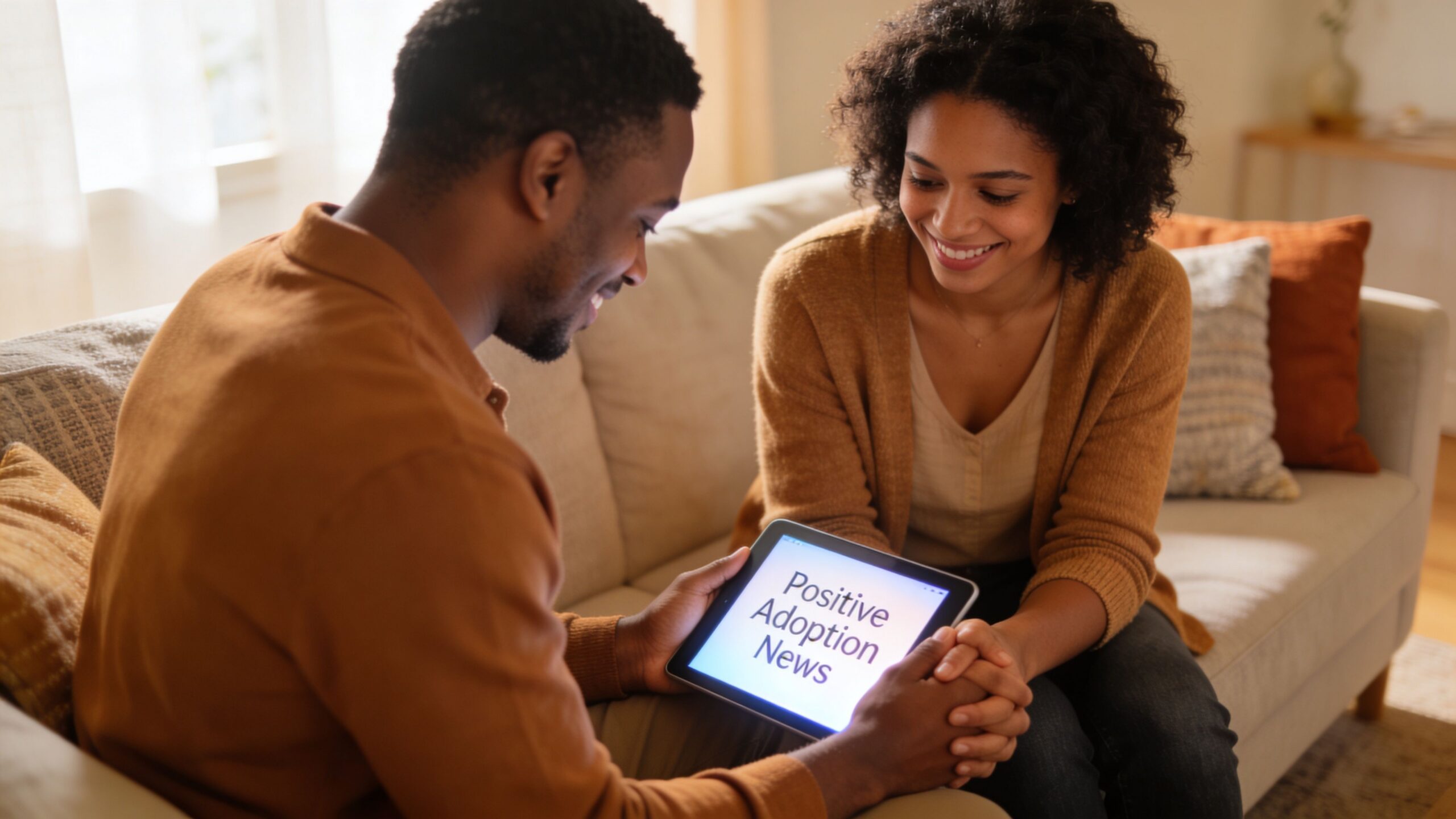 A happy couple sitting on a sofa looking at a tablet screen displaying positive adoption news.