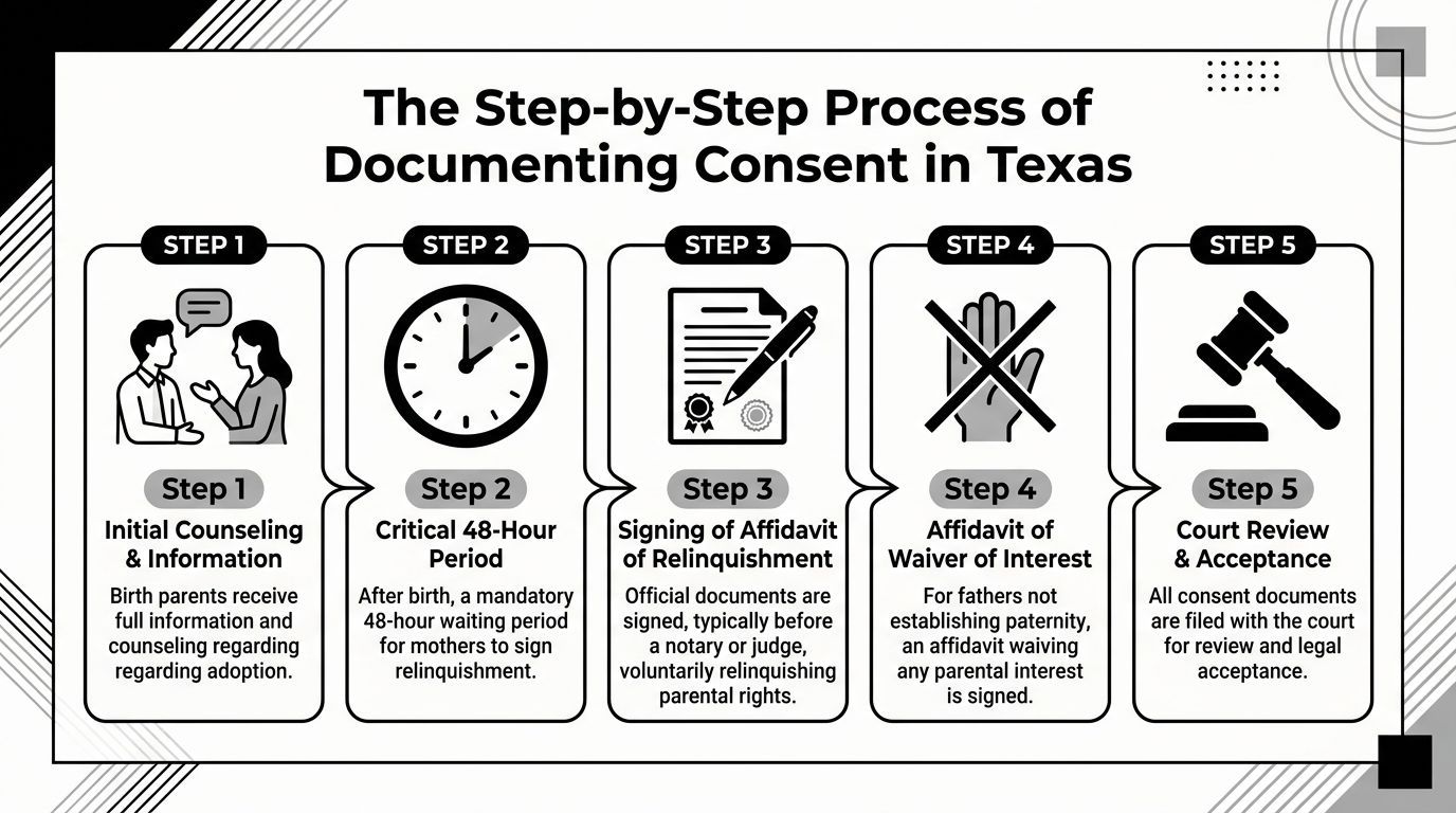 A diagram outlining the five-step process of documenting legal adoption consent in the state of Texas.