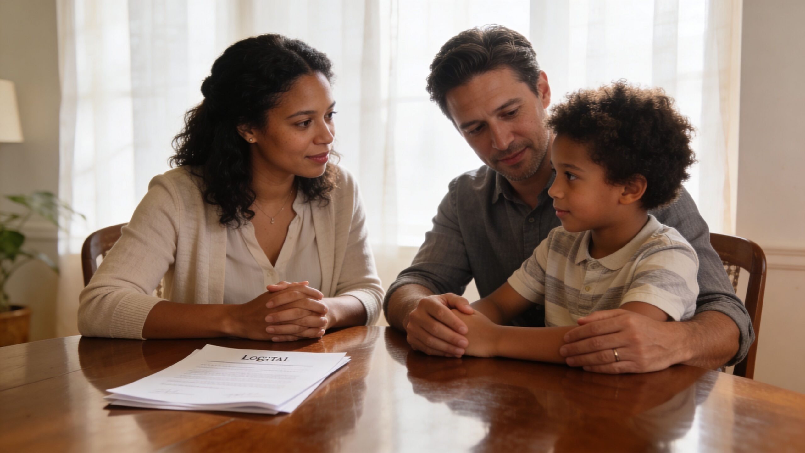 A diverse family sitting at a table discussing legal adoption consent documents in their home.