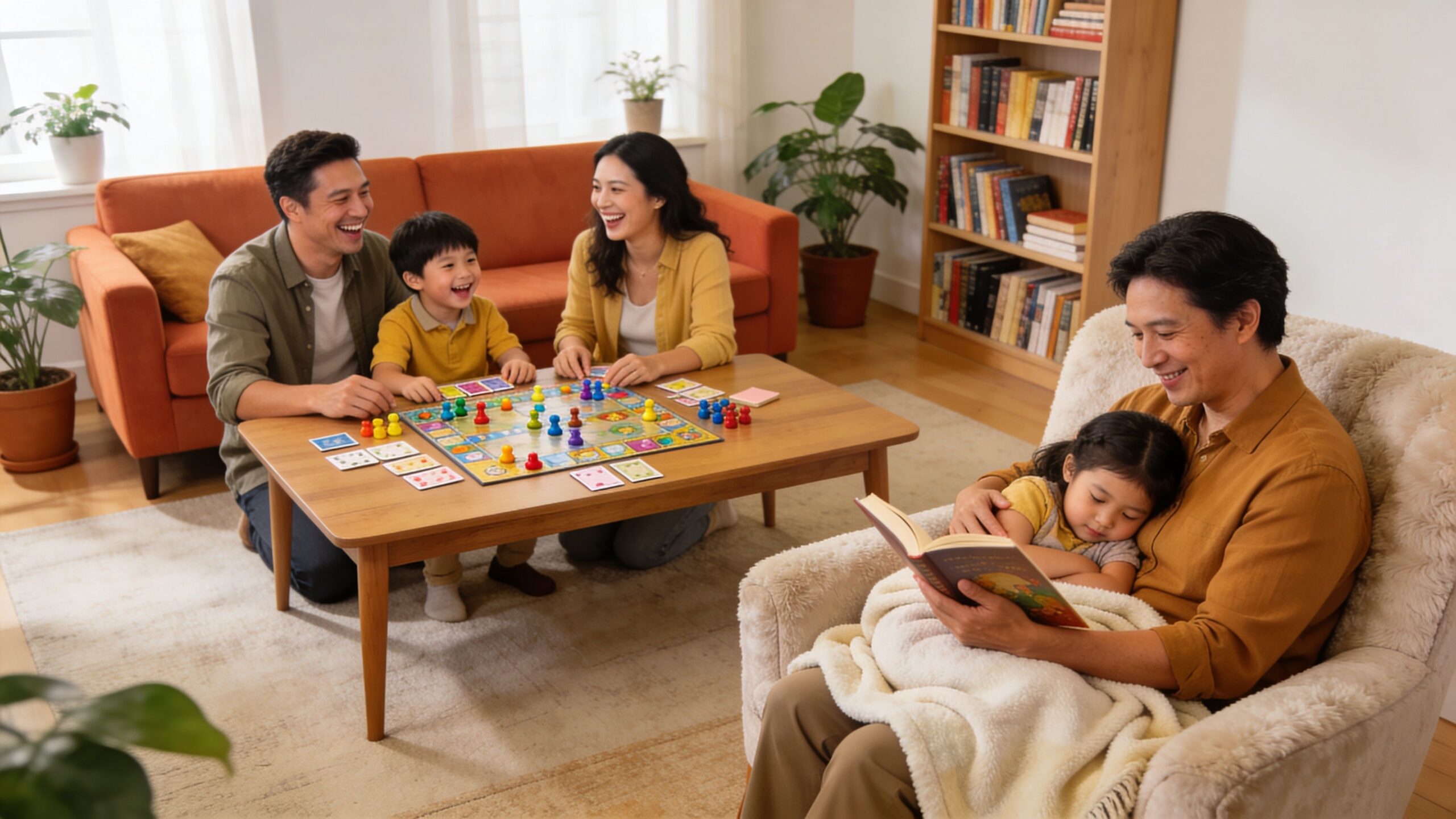 A happy family engaged in board games and story time in a cozy, sunlit living room.
