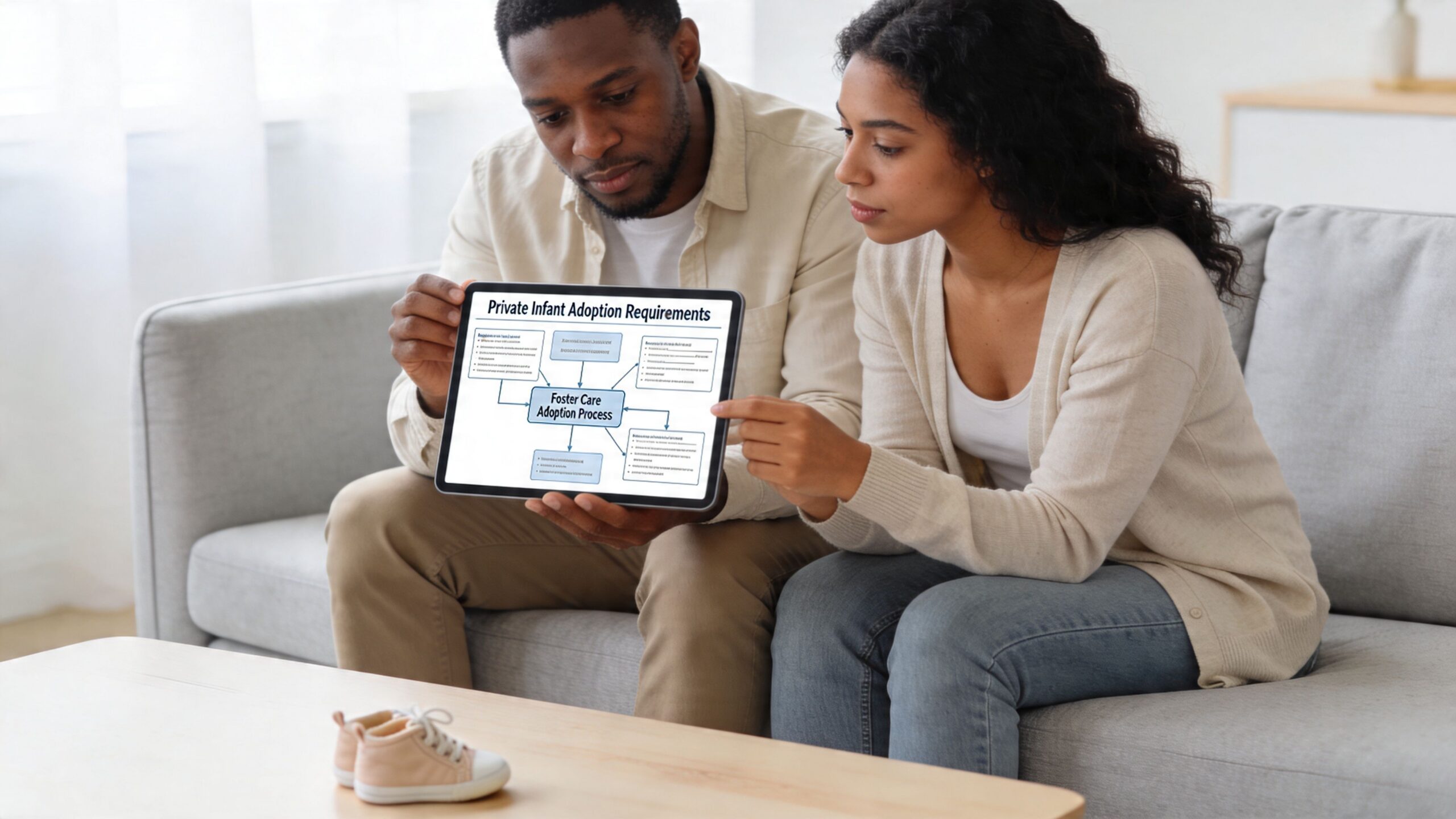A young couple sitting on a sofa looking at a tablet displaying a chart about adoption requirements.
