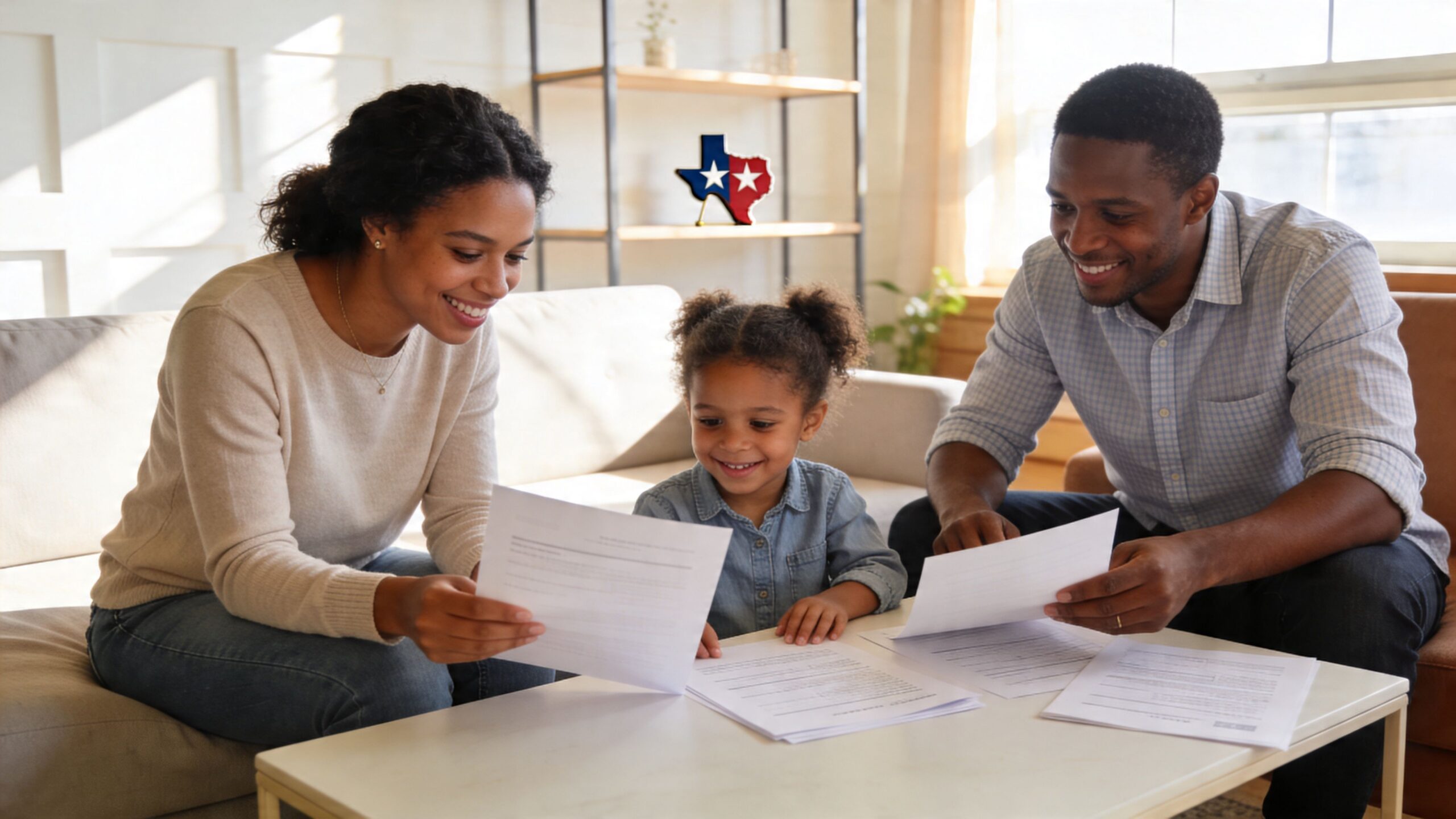 A happy multi-ethnic family sitting together on a couch reviewing important paperwork in their home