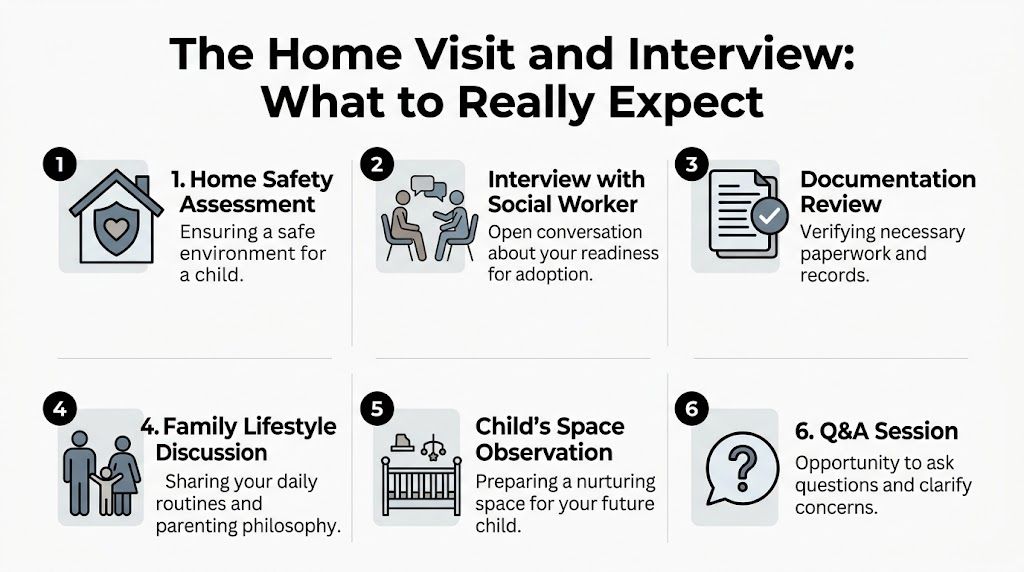 An infographic outlining six key steps of a home visit and interview process for prospective adoptive parents.