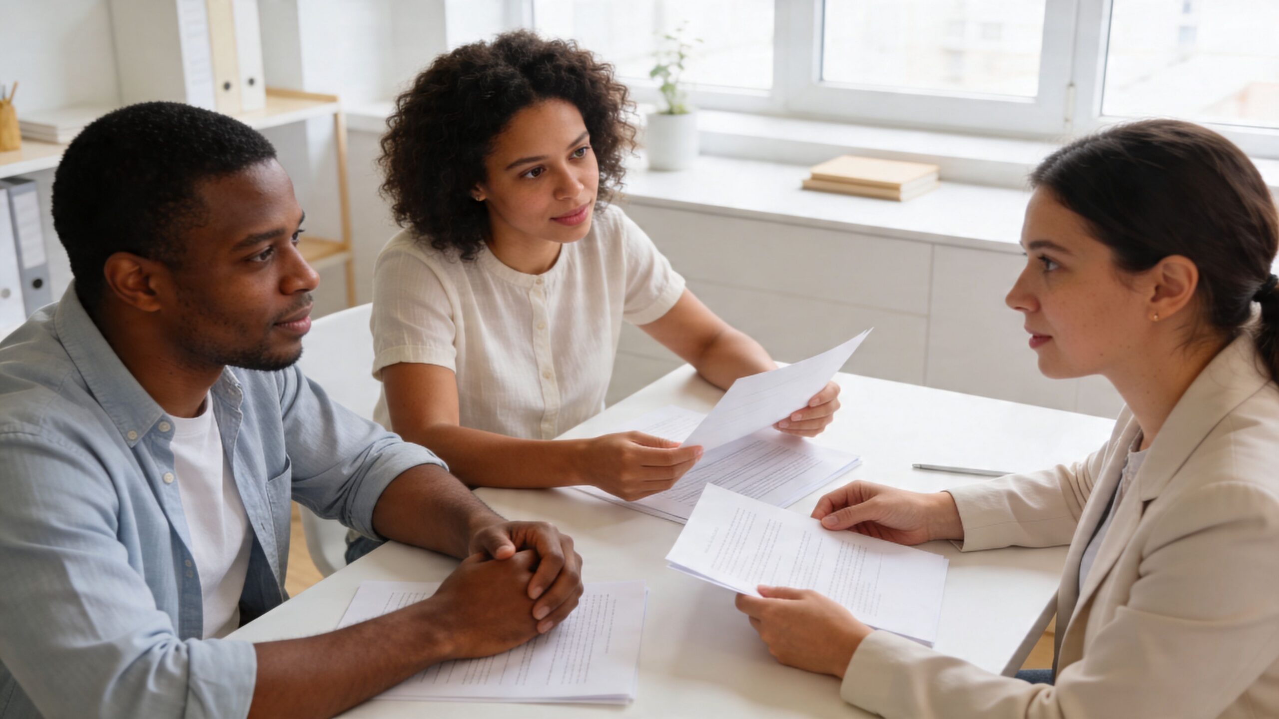 A couple discussing documents with a professional during an adoption home study meeting in an office.