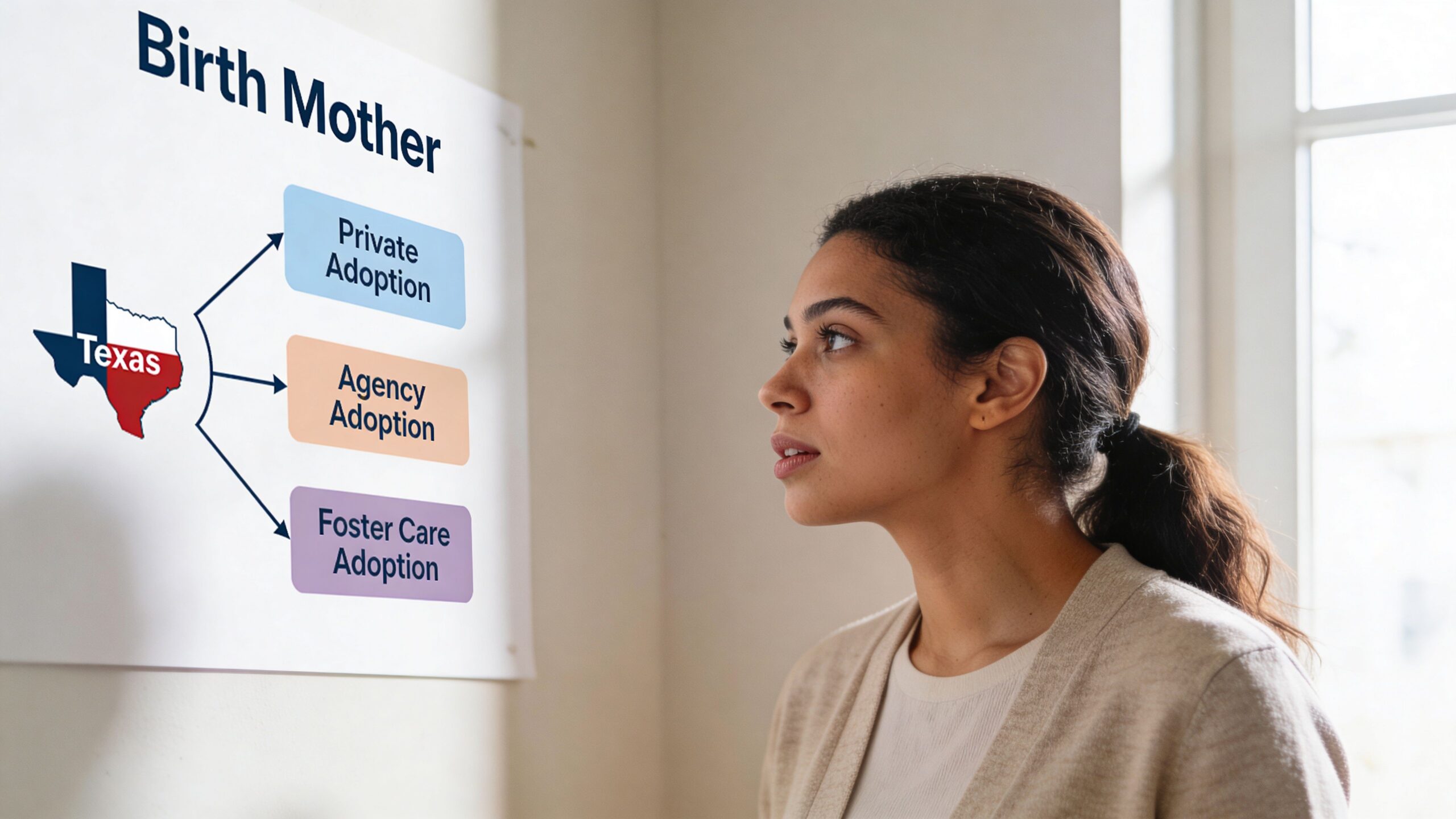 A woman looks thoughtfully at a chart in Texas describing private, agency, and foster care adoption options.