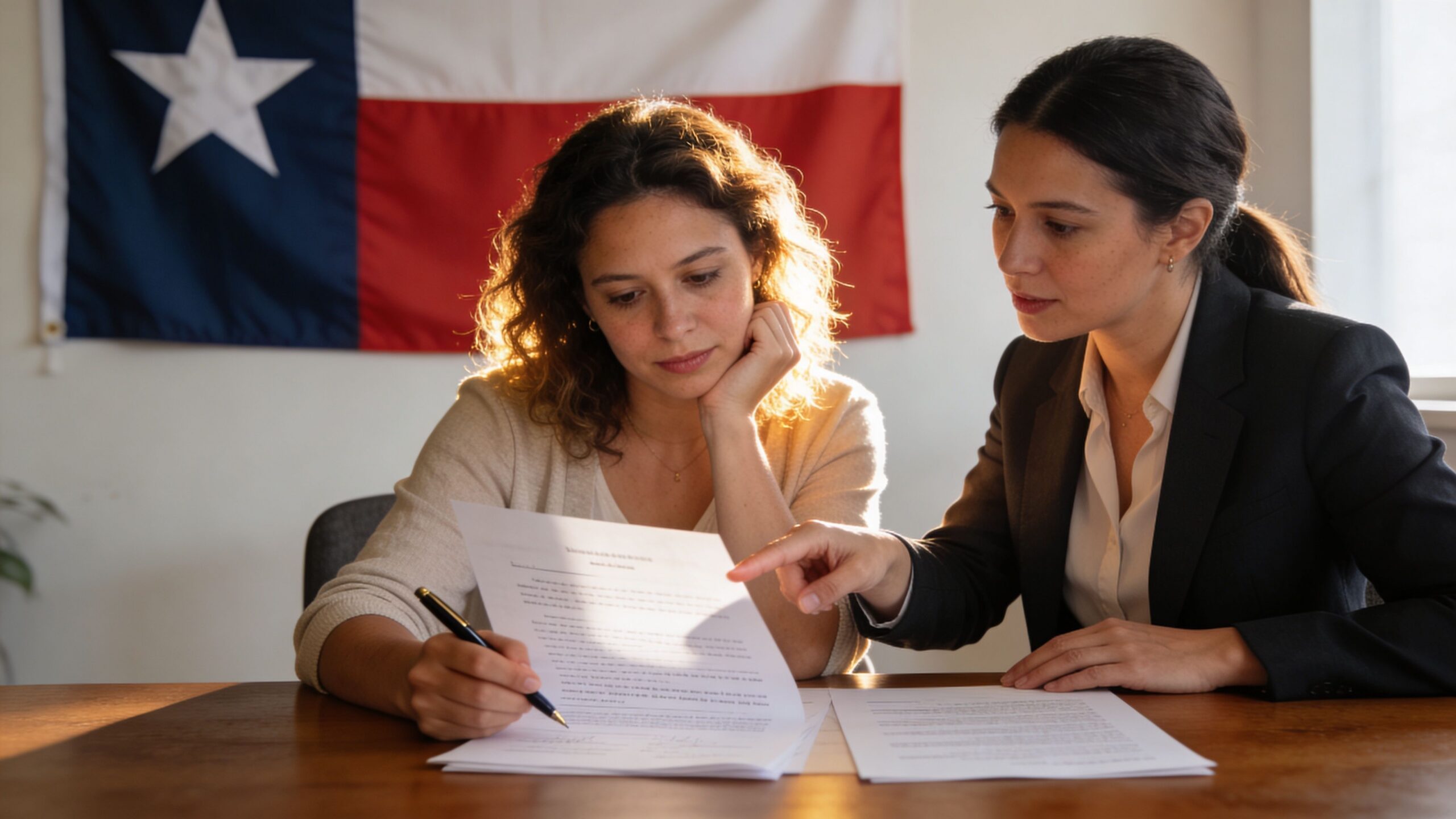 A woman signs legal documents while an attorney provides guidance in front of a Texas state flag.